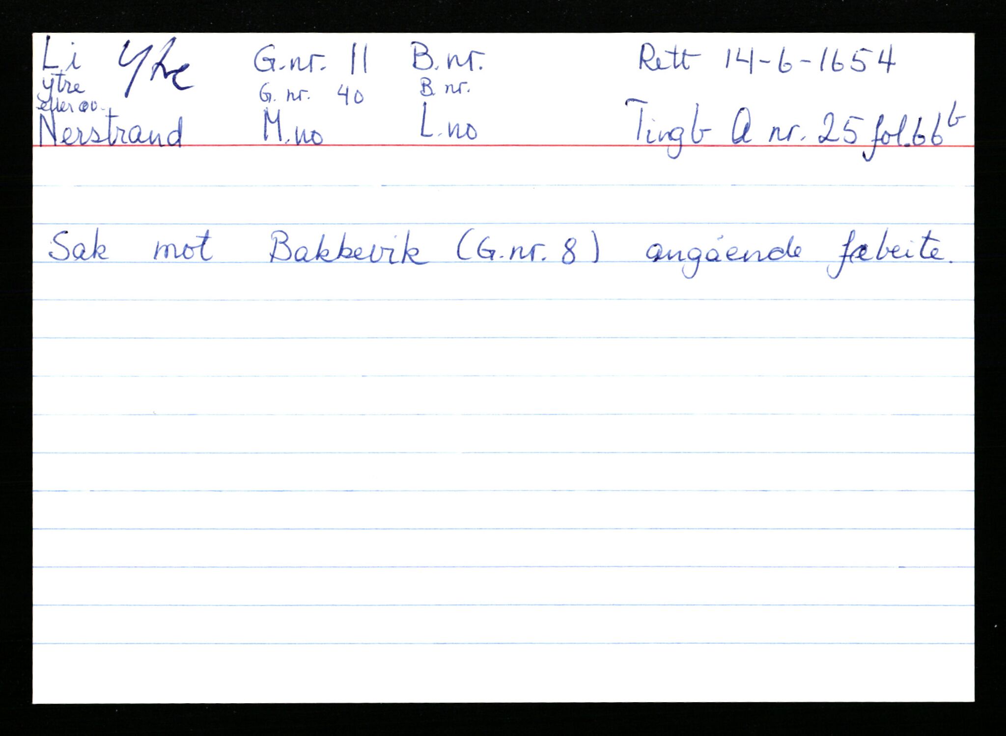 Statsarkivet i Stavanger, AV/SAST-A-101971/03/Y/Ym/L0035: Åstedskort sortert etter gårdsnavn: Leiranger - Lindanger, 1600-1950, s. 261