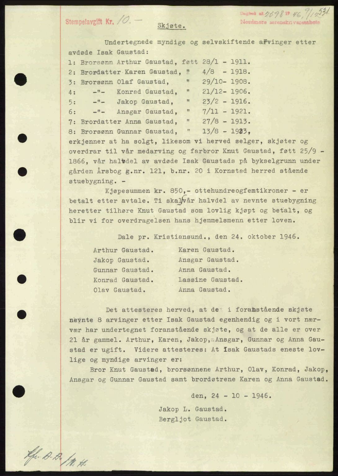 Nordmøre sorenskriveri, SAT/A-4132/1/2/2Ca: Pantebok nr. A103, 1946-1947, Dagboknr: 2598/1946