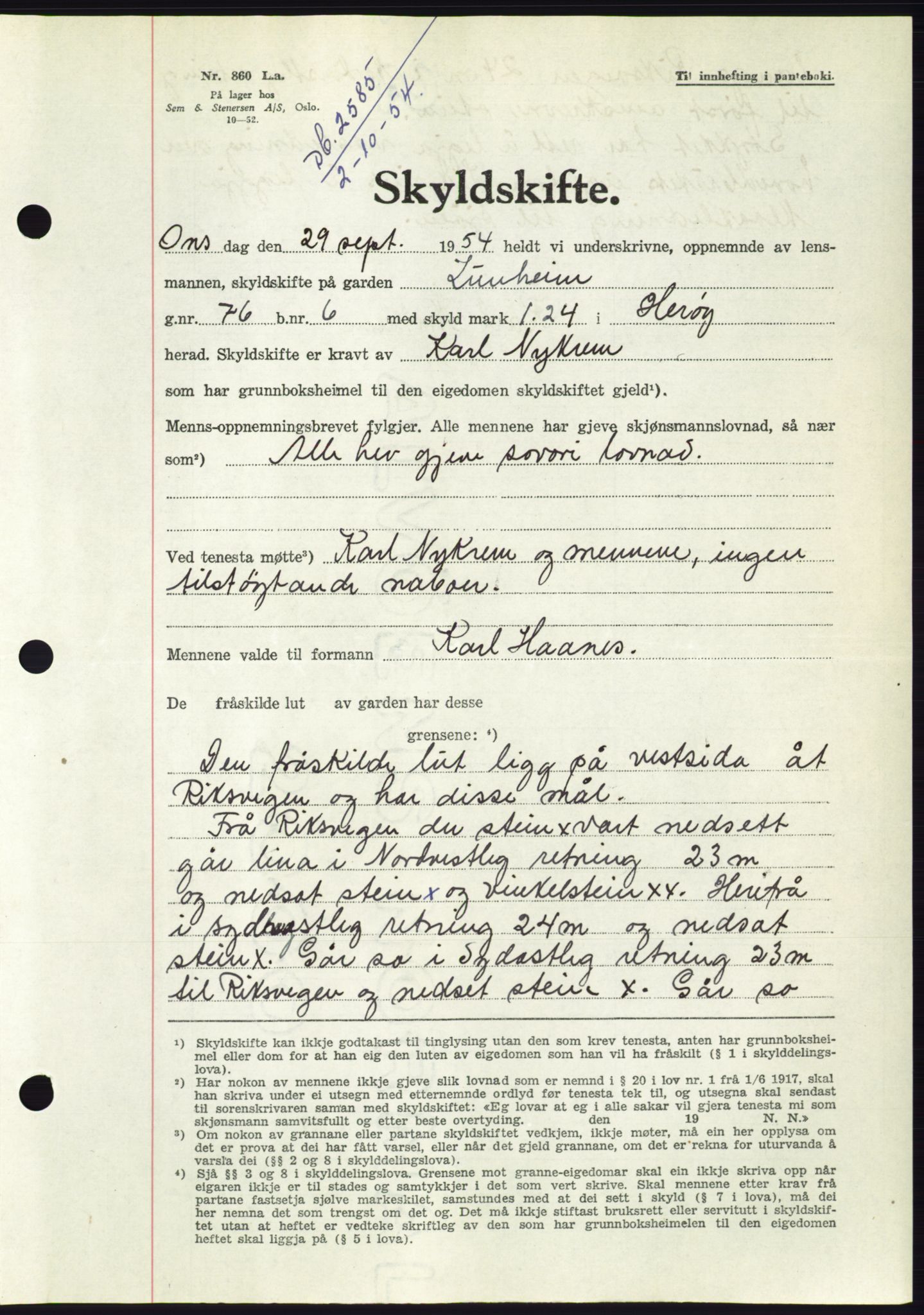 Søre Sunnmøre sorenskriveri, AV/SAT-A-4122/1/2/2C/L0099: Pantebok nr. 25A, 1954-1954, Dagboknr: 2585/1954