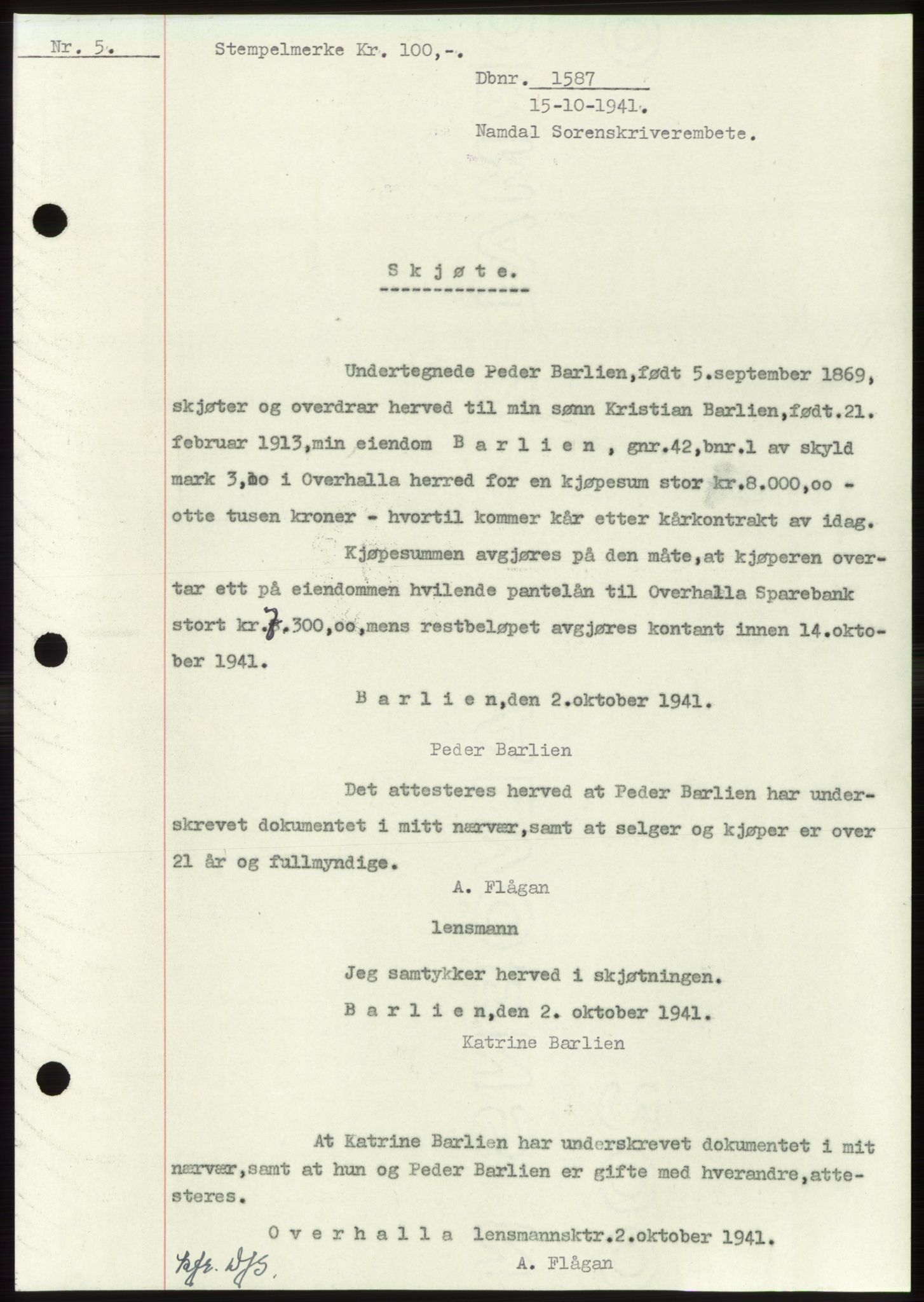Namdal sorenskriveri, SAT/A-4133/1/2/2C: Pantebok nr. -, 1941-1942, Dagboknr: 1587/1941