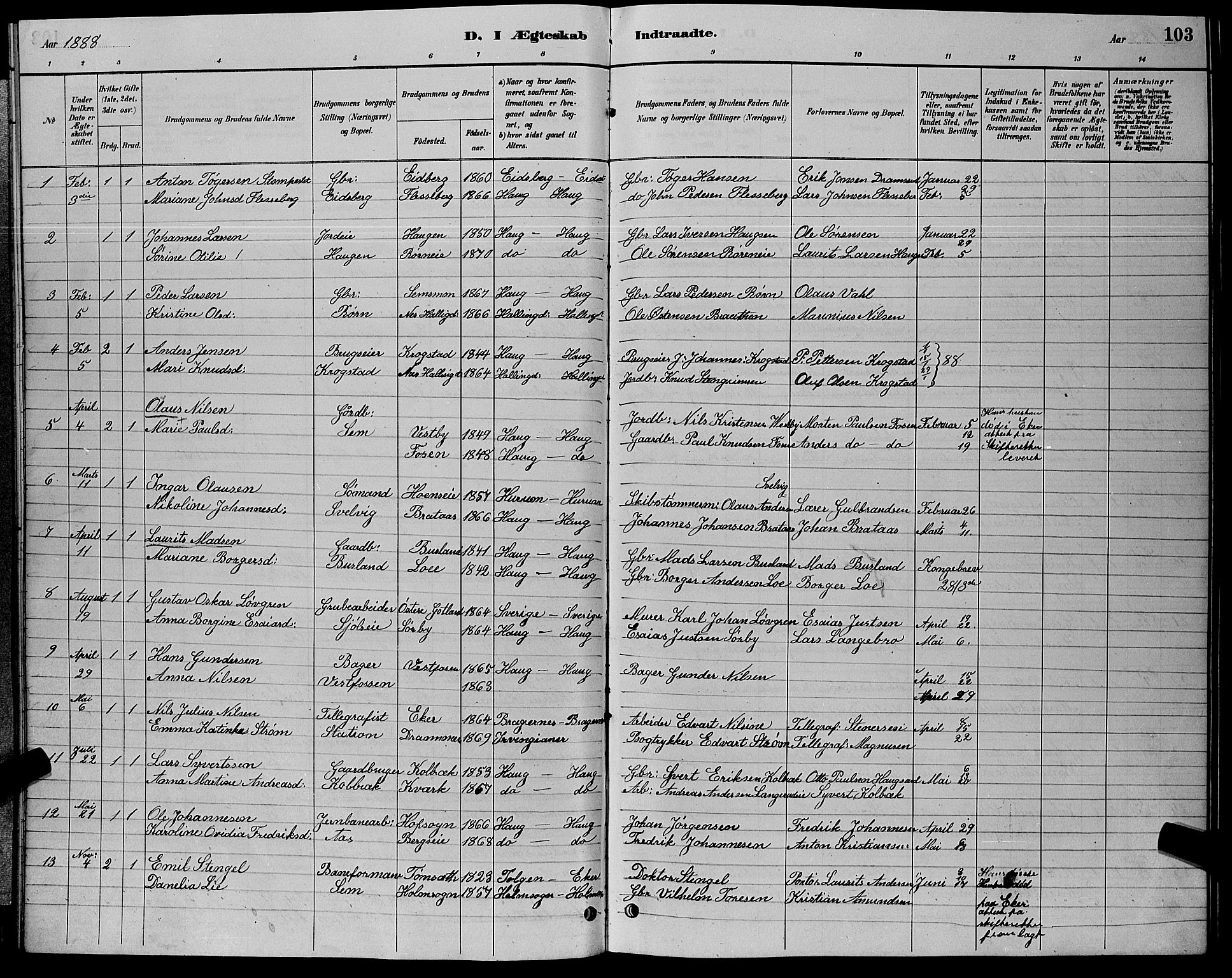 Eiker kirkebøker, AV/SAKO-A-4/G/Ga/L0006: Klokkerbok nr. I 6, 1885-1893, s. 103