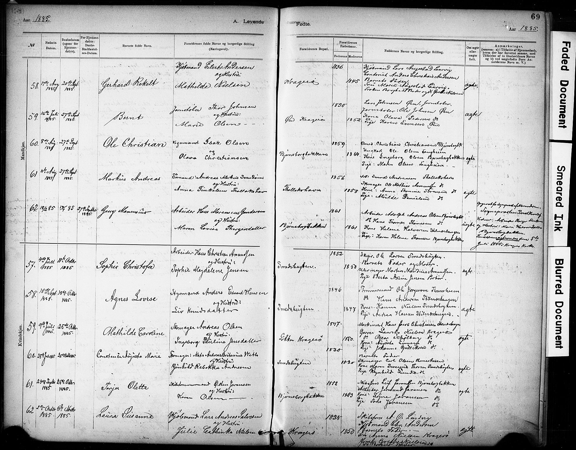 Kragerø kirkebøker, AV/SAKO-A-278/G/Ga/L0007: Klokkerbok nr. 7, 1881-1927, s. 69