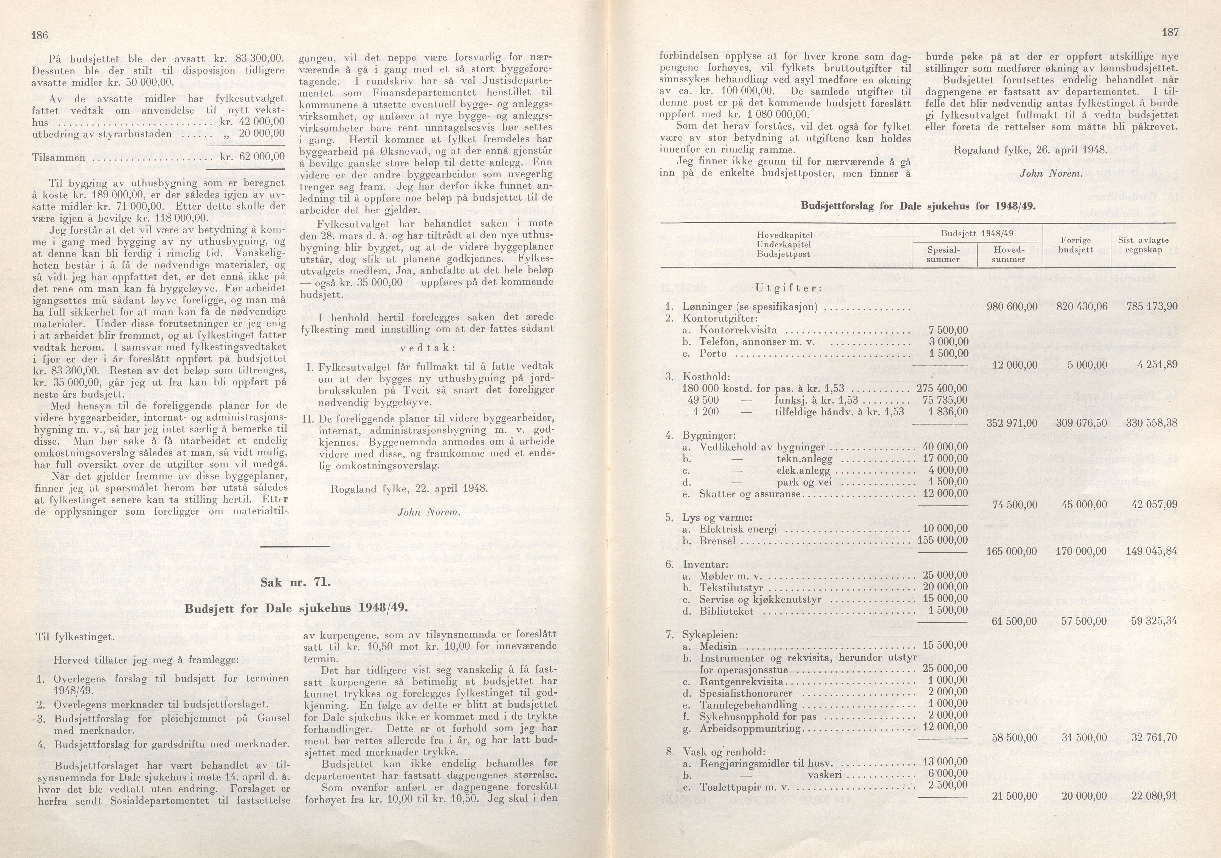 Rogaland fylkeskommune - Fylkesrådmannen , IKAR/A-900/A/Aa/Aaa/L0067: Møtebok , 1948, s. 186-187