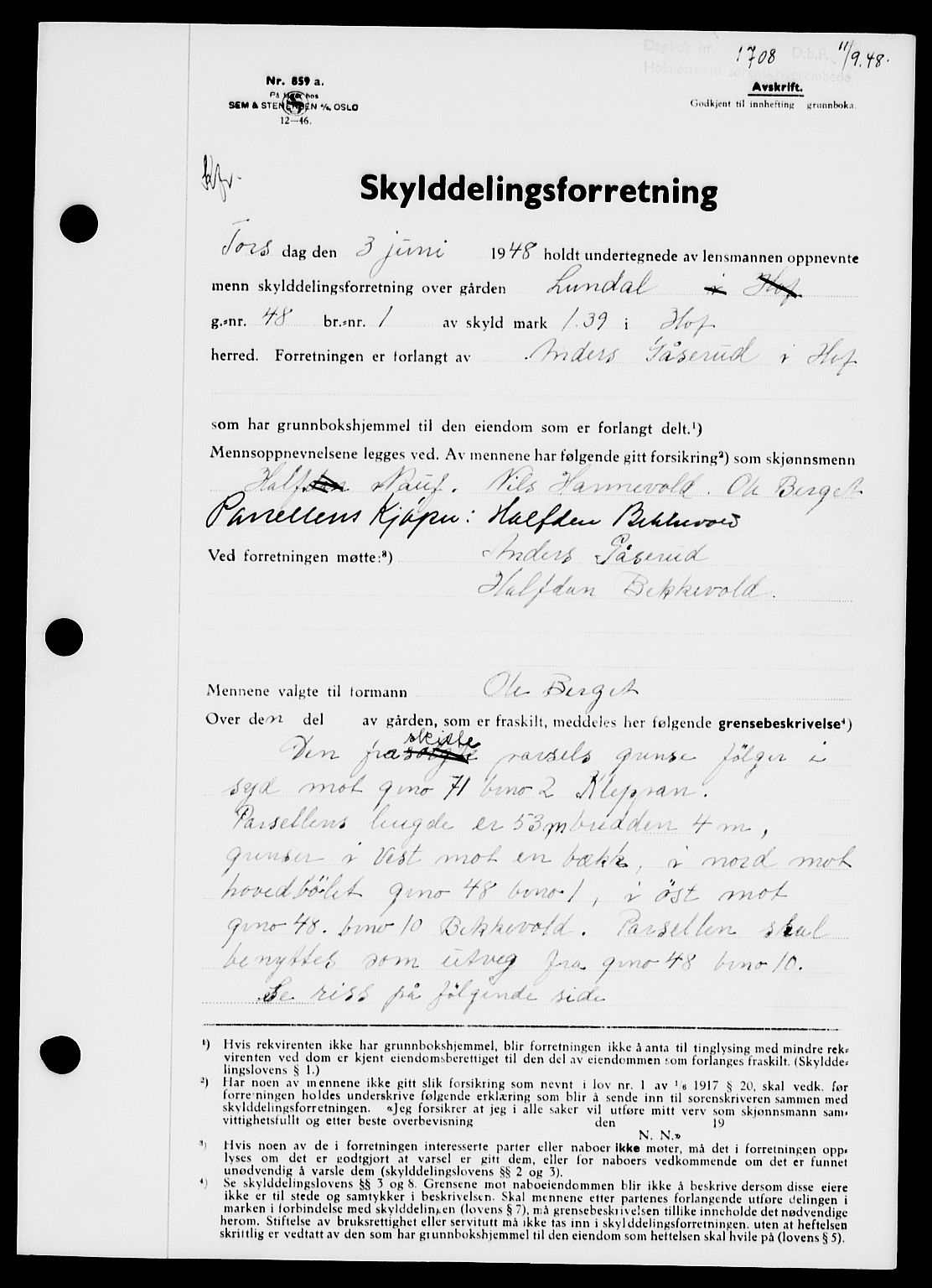 Holmestrand sorenskriveri, SAKO/A-67/G/Ga/Gaa/L0064: Pantebok nr. A-64, 1948-1948, Dagboknr: 1708/1948