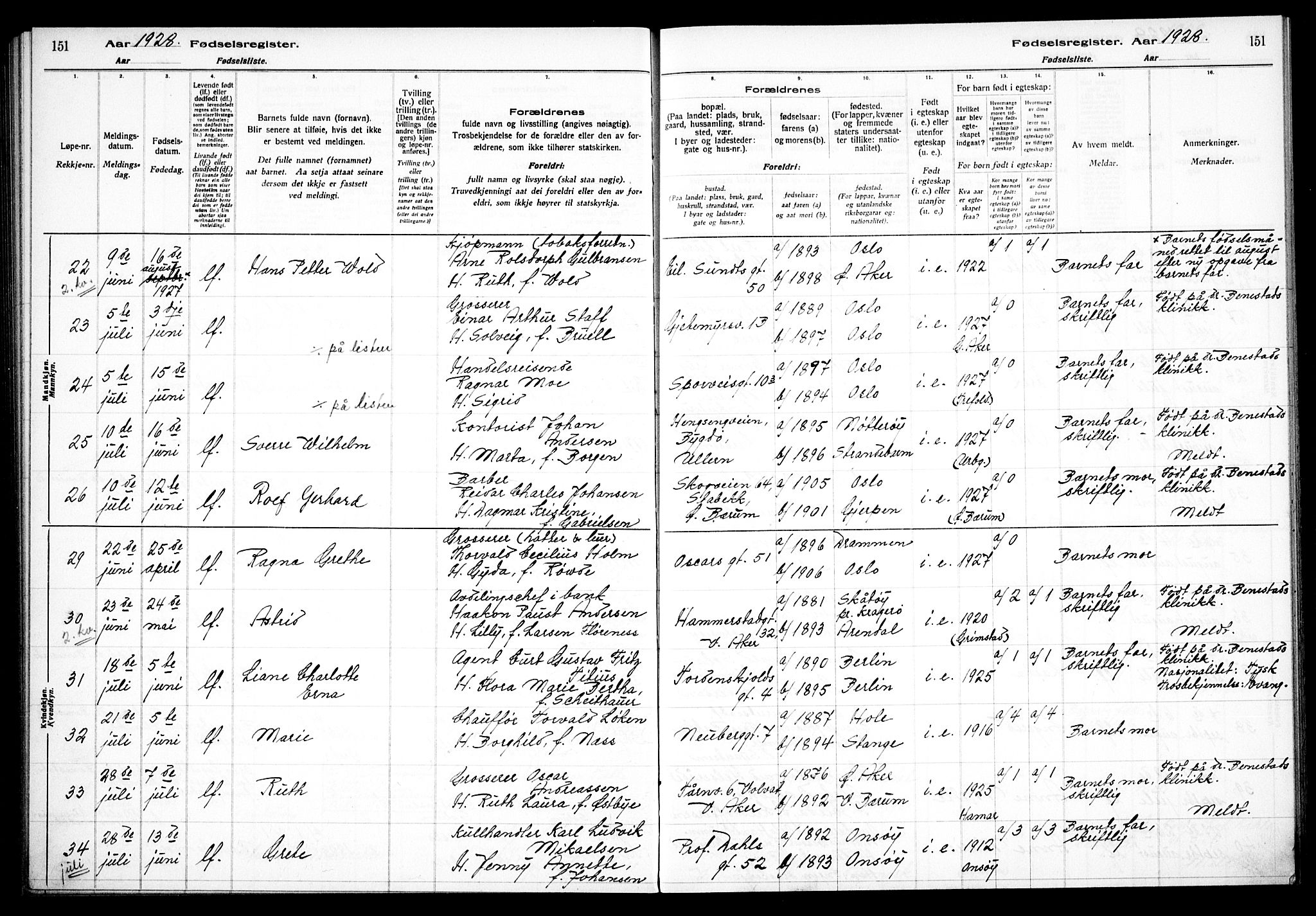 Uranienborg prestekontor Kirkebøker, SAO/A-10877/J/Ja/L0001: Fødselsregister nr. 1, 1916-1930, s. 151