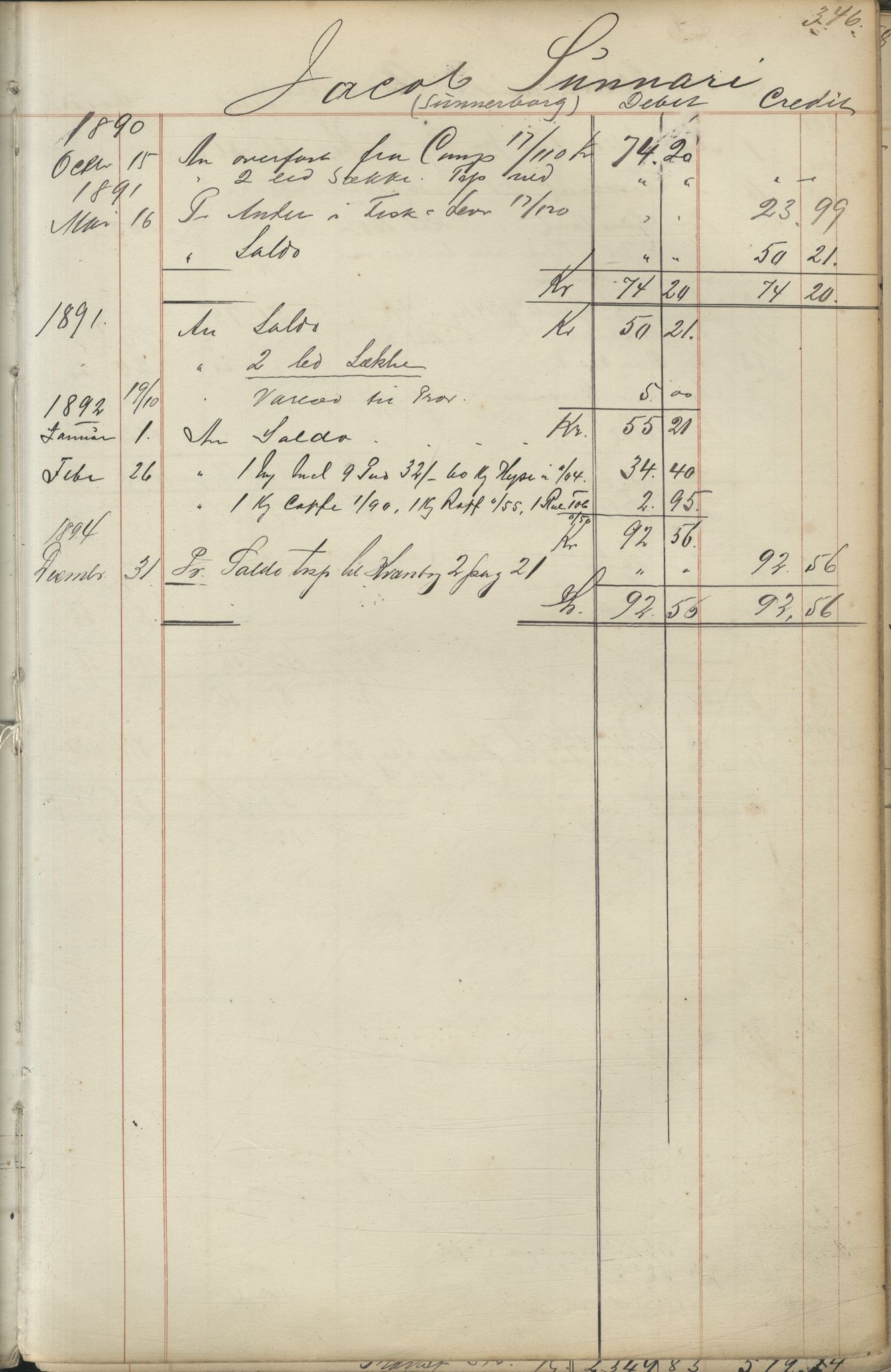 Brodtkorb handel A/S, VAMU/A-0001/F/Fc/L0001/0001: Konto for kvener og nordmenn på Kolahalvøya  / Conto for Kvæner og Nordmænd paa Russefinmarken No 1, 1868-1894, s. 346