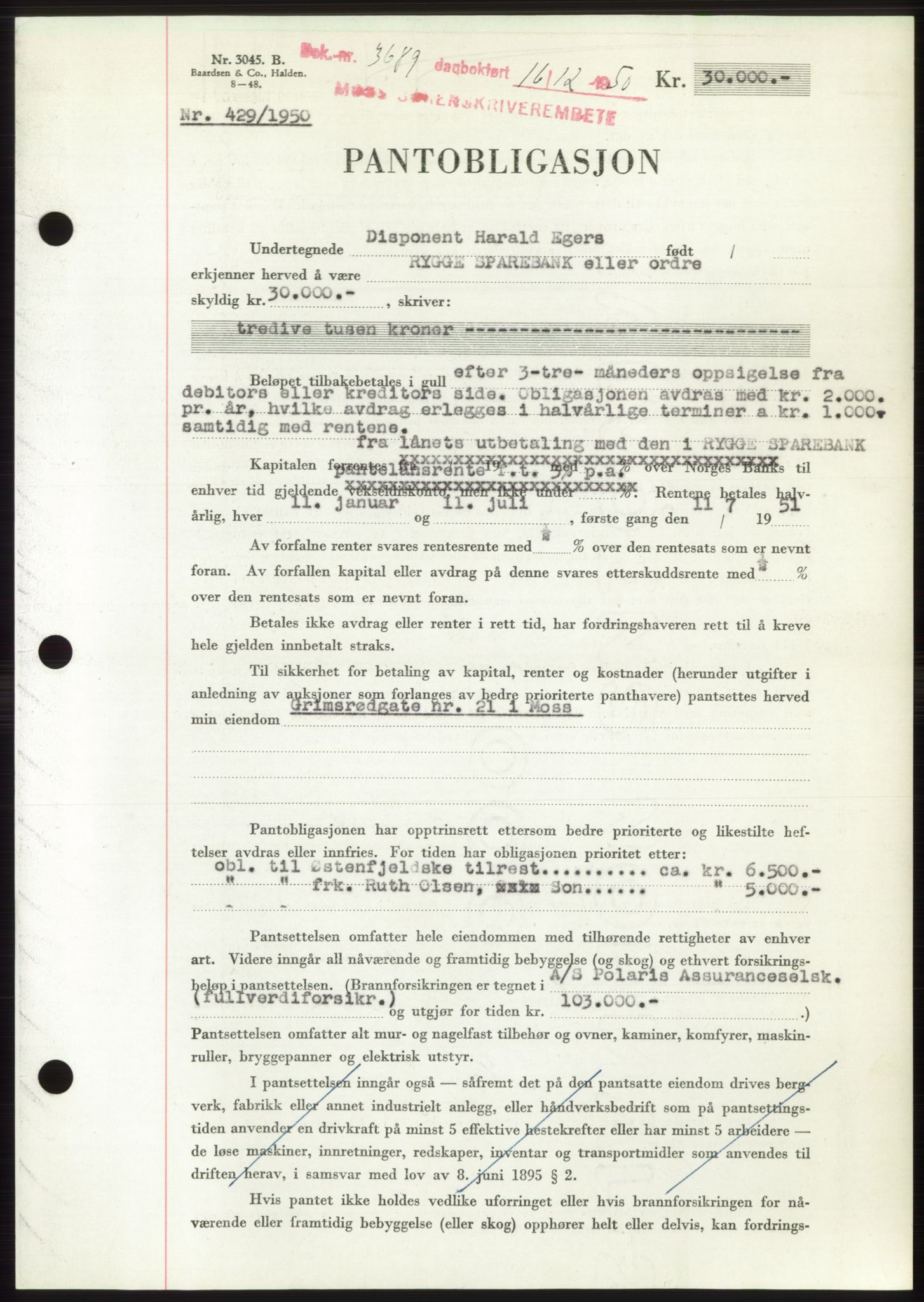 Moss sorenskriveri, SAO/A-10168: Pantebok nr. B25, 1950-1950, Dagboknr: 3689/1950