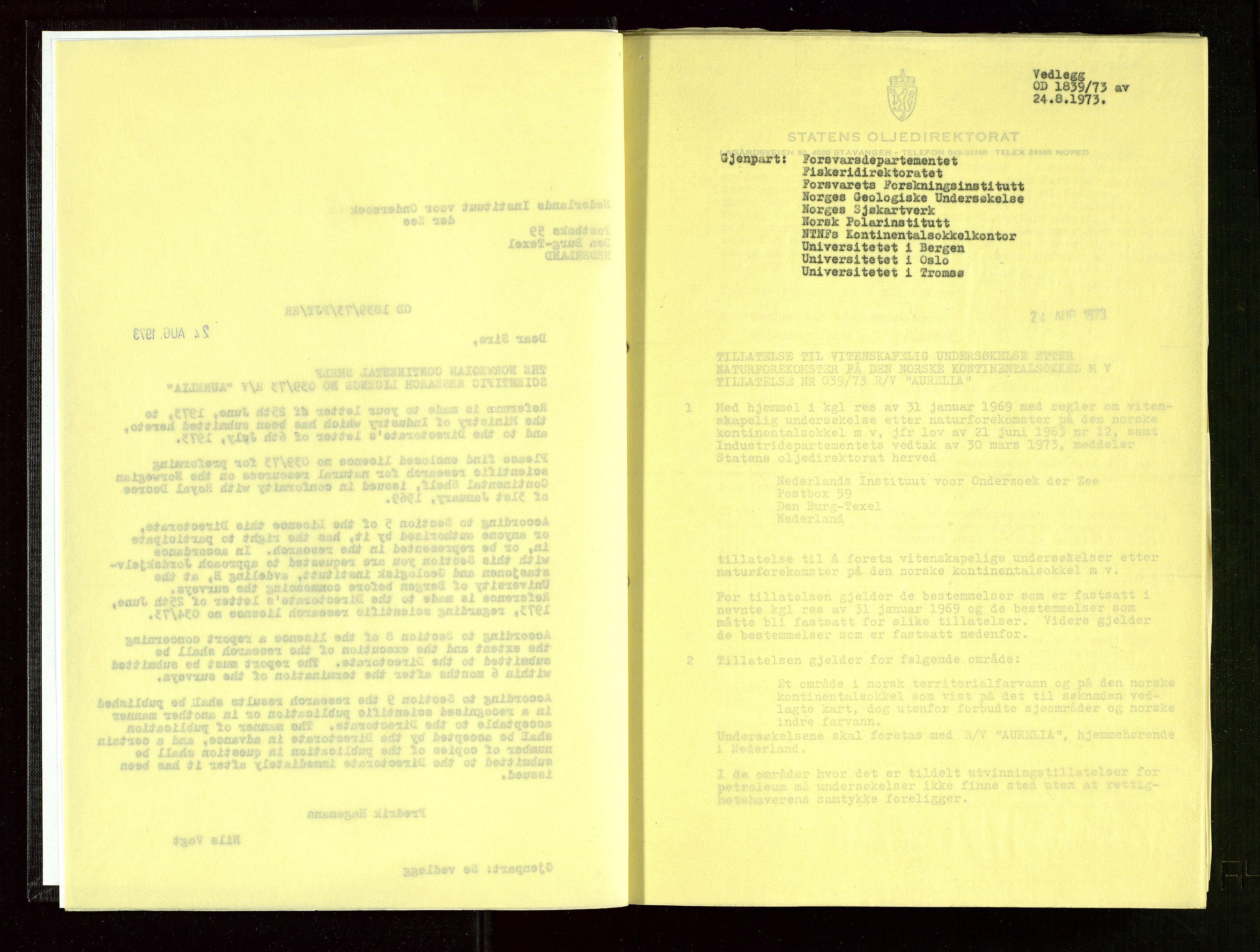 Oljedirektoratet, AV/SAST-A-101366/Ba/L0004: Kopibok, 1973