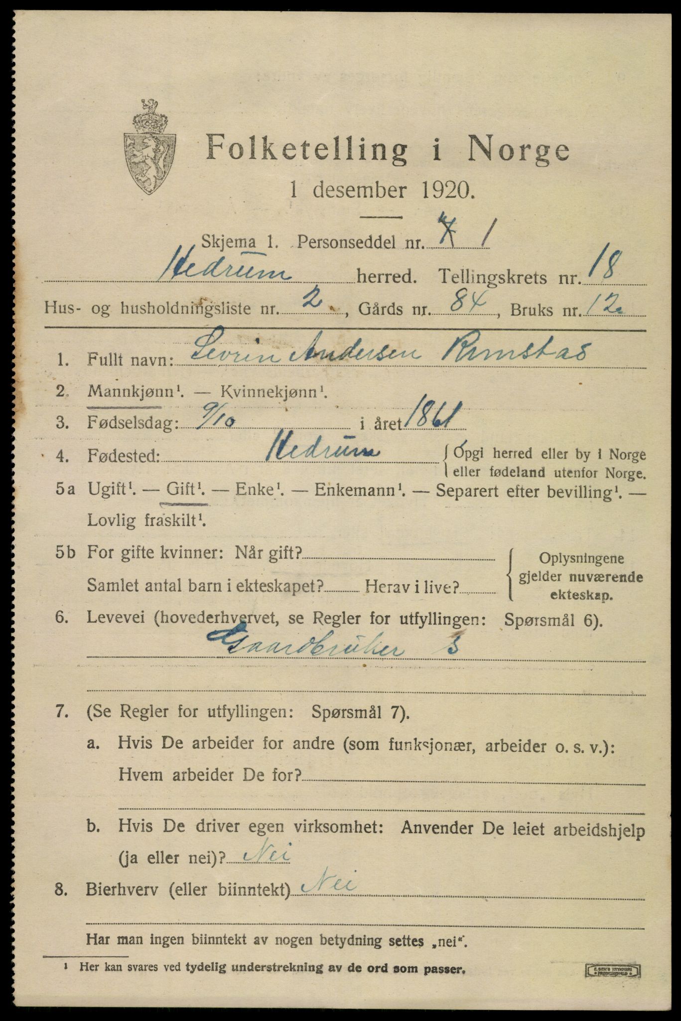 SAKO, Folketelling 1920 for 0727 Hedrum herred, 1920, s. 10809