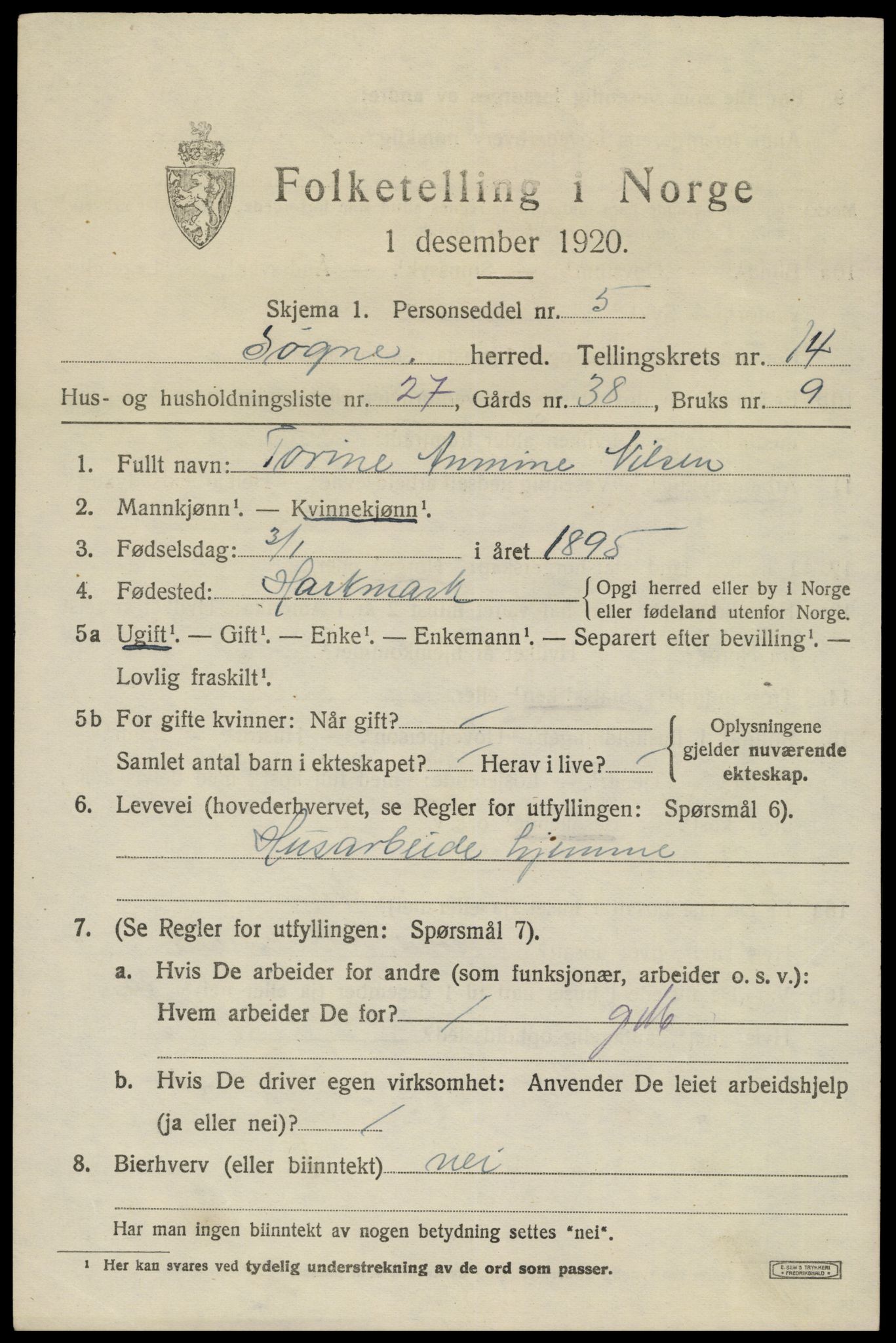 SAK, Folketelling 1920 for 1018 Søgne herred, 1920, s. 6967