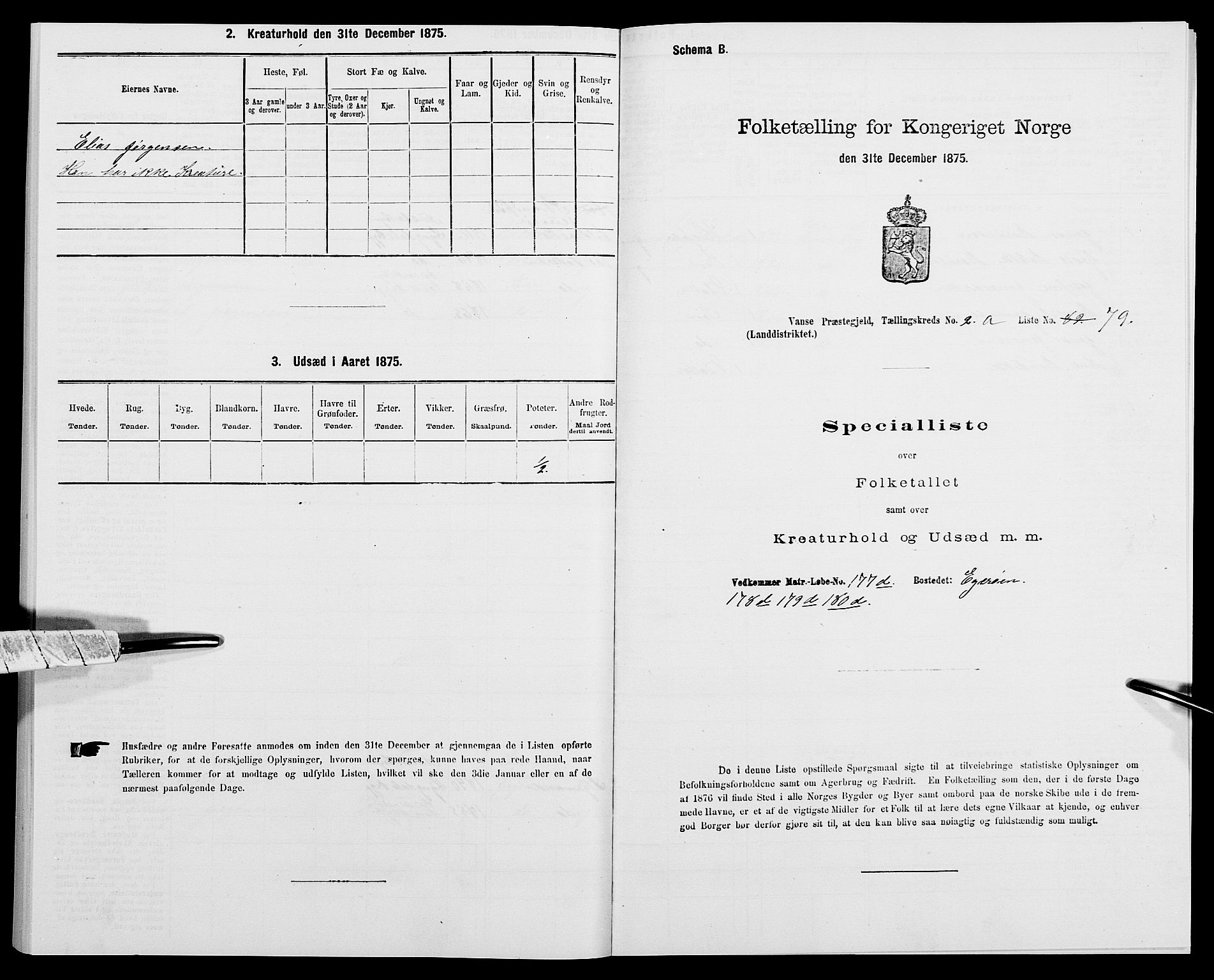 SAK, Folketelling 1875 for 1041L Vanse prestegjeld, Vanse sokn og Farsund landsokn, 1875, s. 458