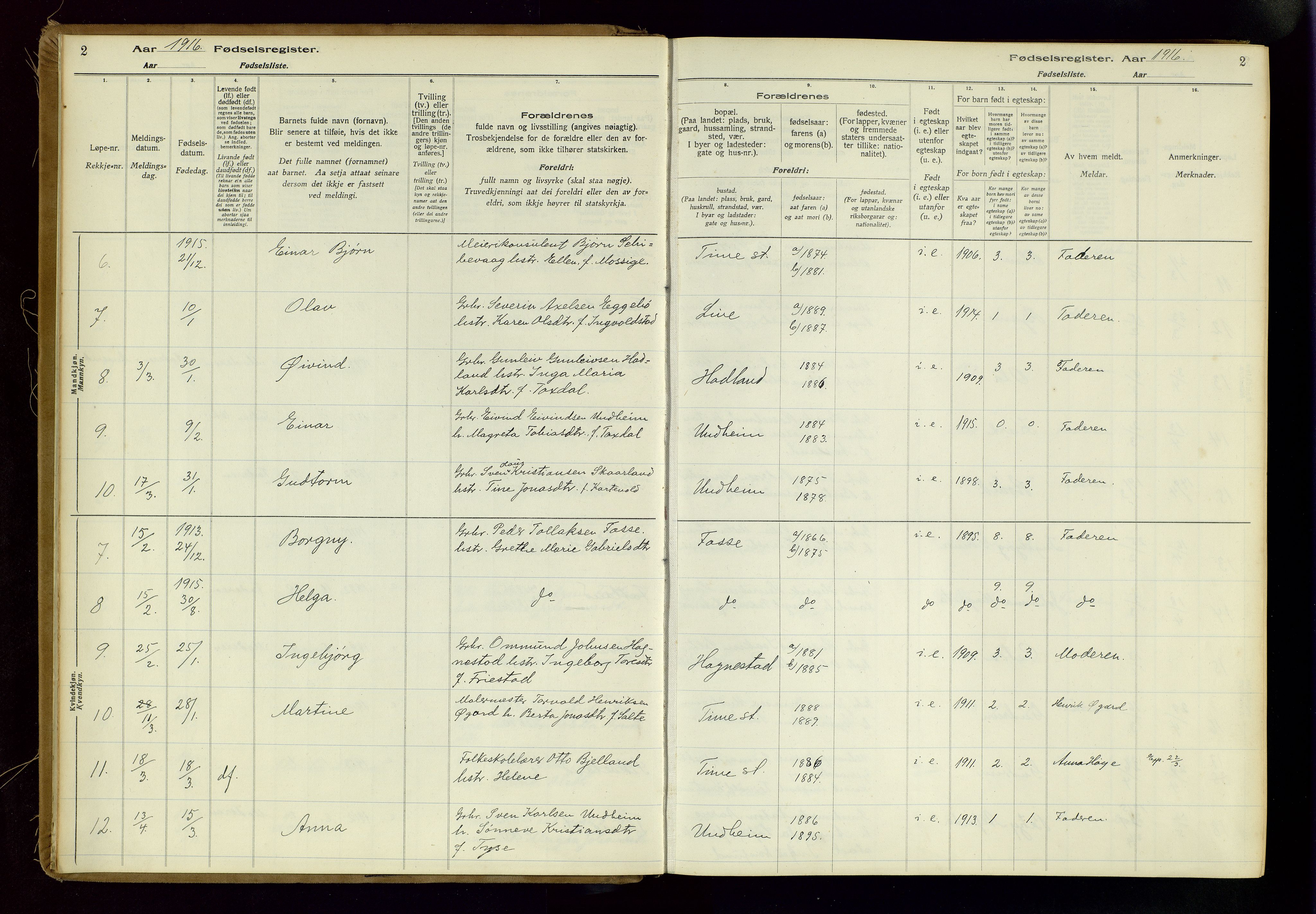 Time sokneprestkontor, SAST/A-101795/001/704BA/L0001: Fødselsregister nr. 1, 1916-1934, s. 2