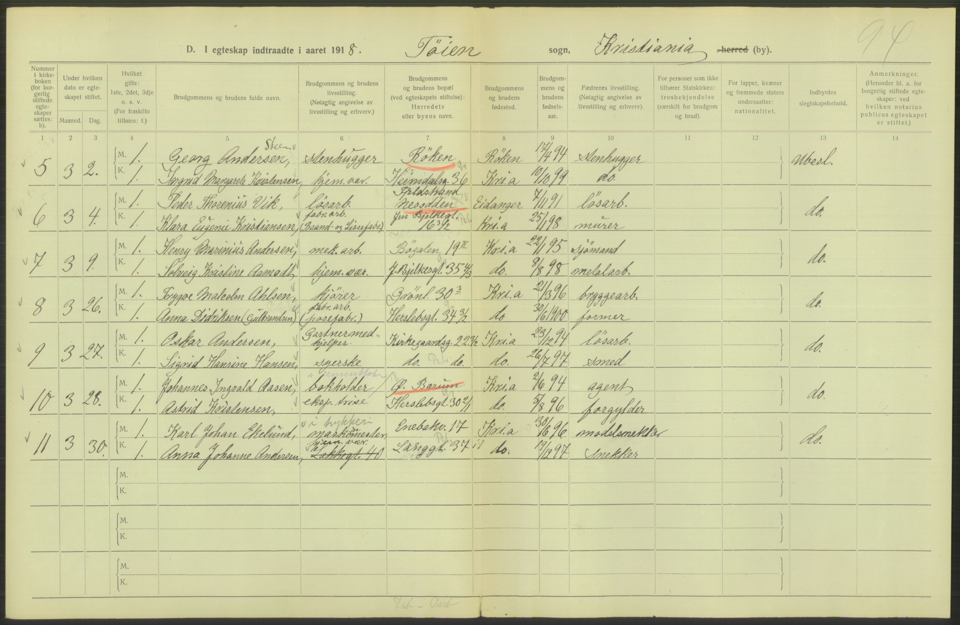 Statistisk sentralbyrå, Sosiodemografiske emner, Befolkning, RA/S-2228/D/Df/Dfb/Dfbh/L0009: Kristiania: Gifte, 1918, s. 1040