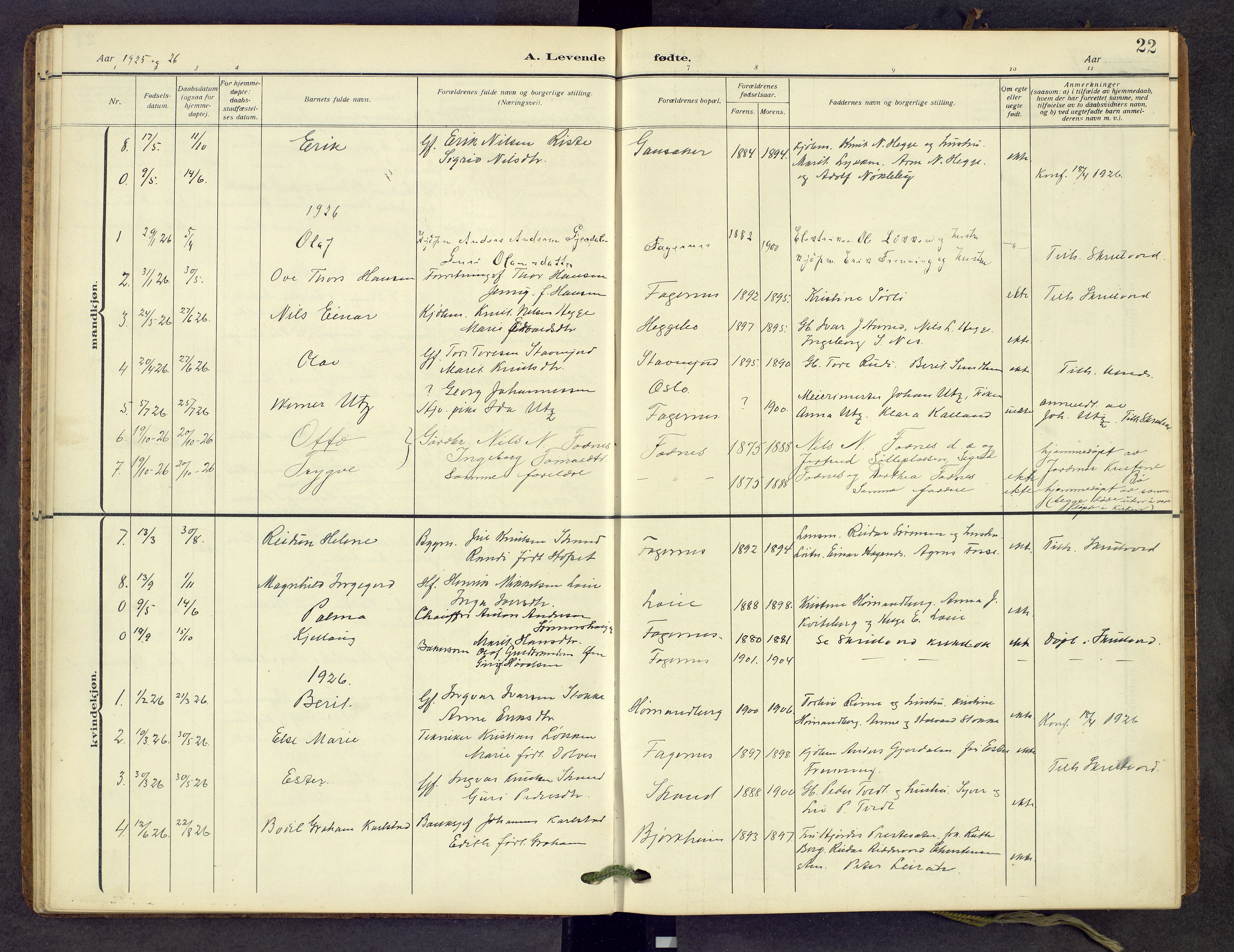 Nord-Aurdal prestekontor, AV/SAH-PREST-132/H/Ha/Hab/L0013: Klokkerbok nr. 13, 1911-1948, s. 22