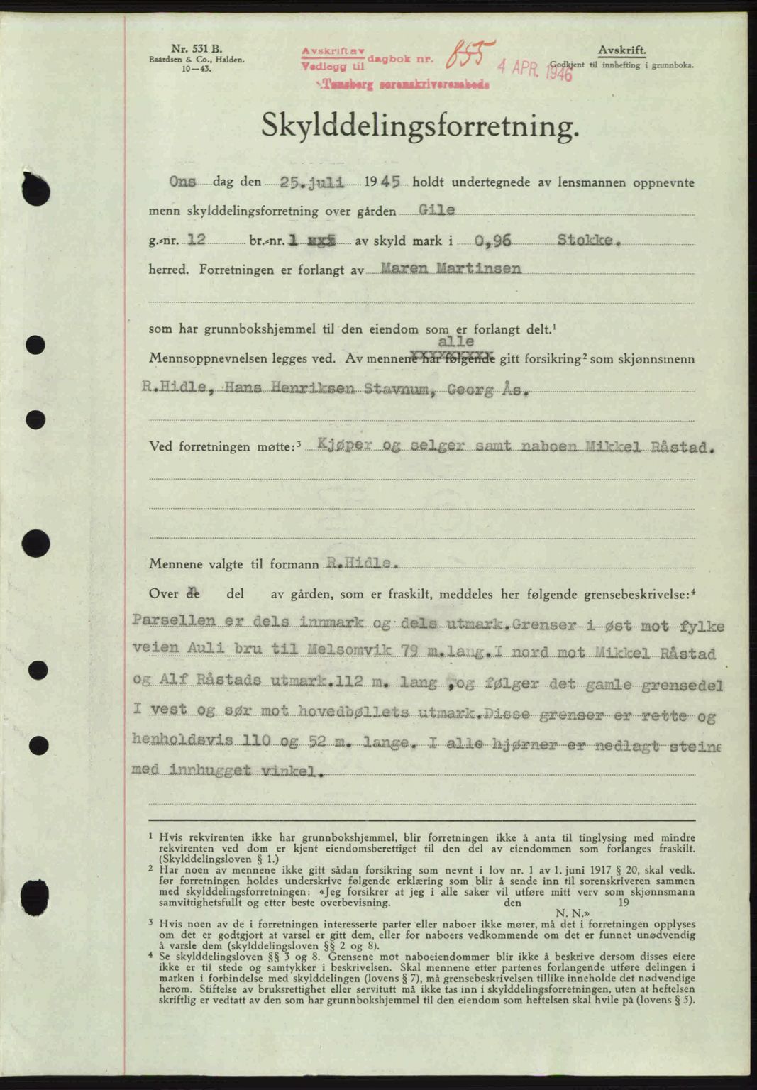 Jarlsberg sorenskriveri, SAKO/A-131/G/Ga/Gaa/L0018b: Pantebok nr. A-18b, 1946-1946, Dagboknr: 855/1946