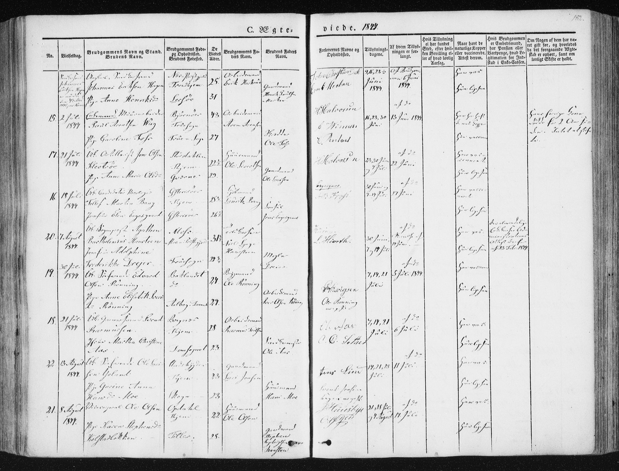 Ministerialprotokoller, klokkerbøker og fødselsregistre - Sør-Trøndelag, SAT/A-1456/602/L0110: Ministerialbok nr. 602A08, 1840-1854, s. 182