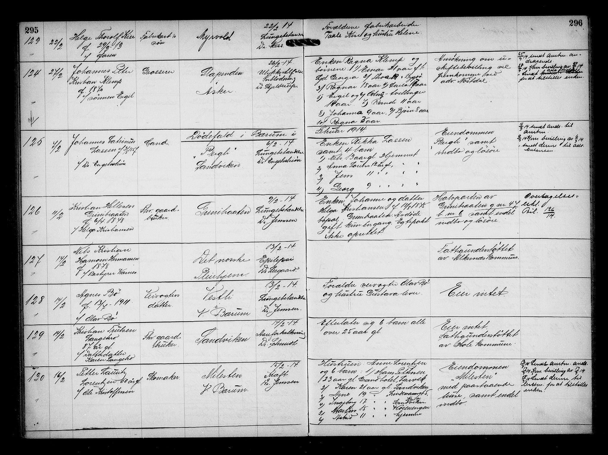 Aker kriminaldommer, skifte- og auksjonsforvalterembete, AV/SAO-A-10452/H/Hb/Hba/Hbaa/L0003: Dødsfallsprotokoll, 1912-1914, s. 295-296