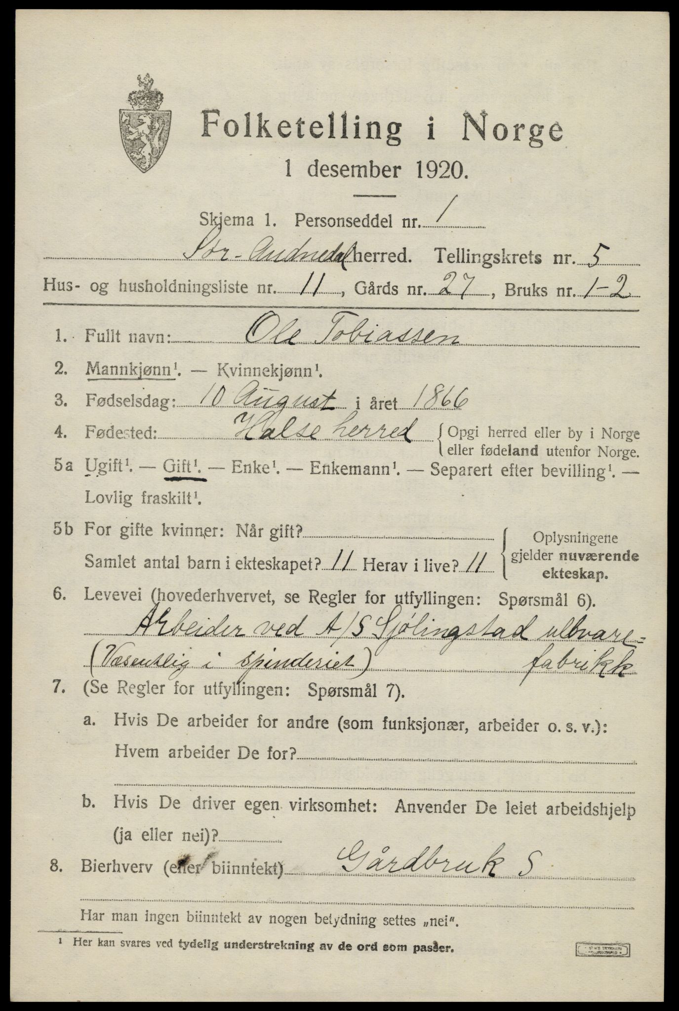 SAK, Folketelling 1920 for 1029 Sør-Audnedal herred, 1920, s. 2597