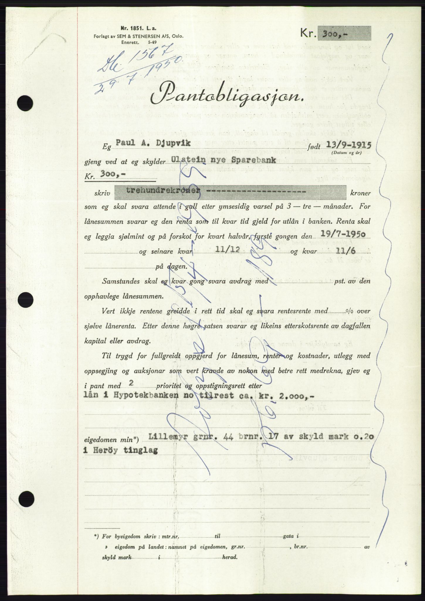 Søre Sunnmøre sorenskriveri, SAT/A-4122/1/2/2C/L0119: Pantebok nr. 7B, 1950-1951, Dagboknr: 1567/1950