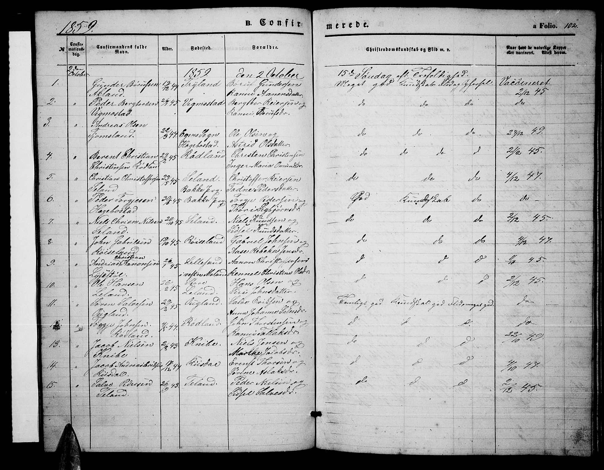 Nord-Audnedal sokneprestkontor, AV/SAK-1111-0032/F/Fb/Fbb/L0002: Klokkerbok nr. B 2, 1859-1882, s. 102