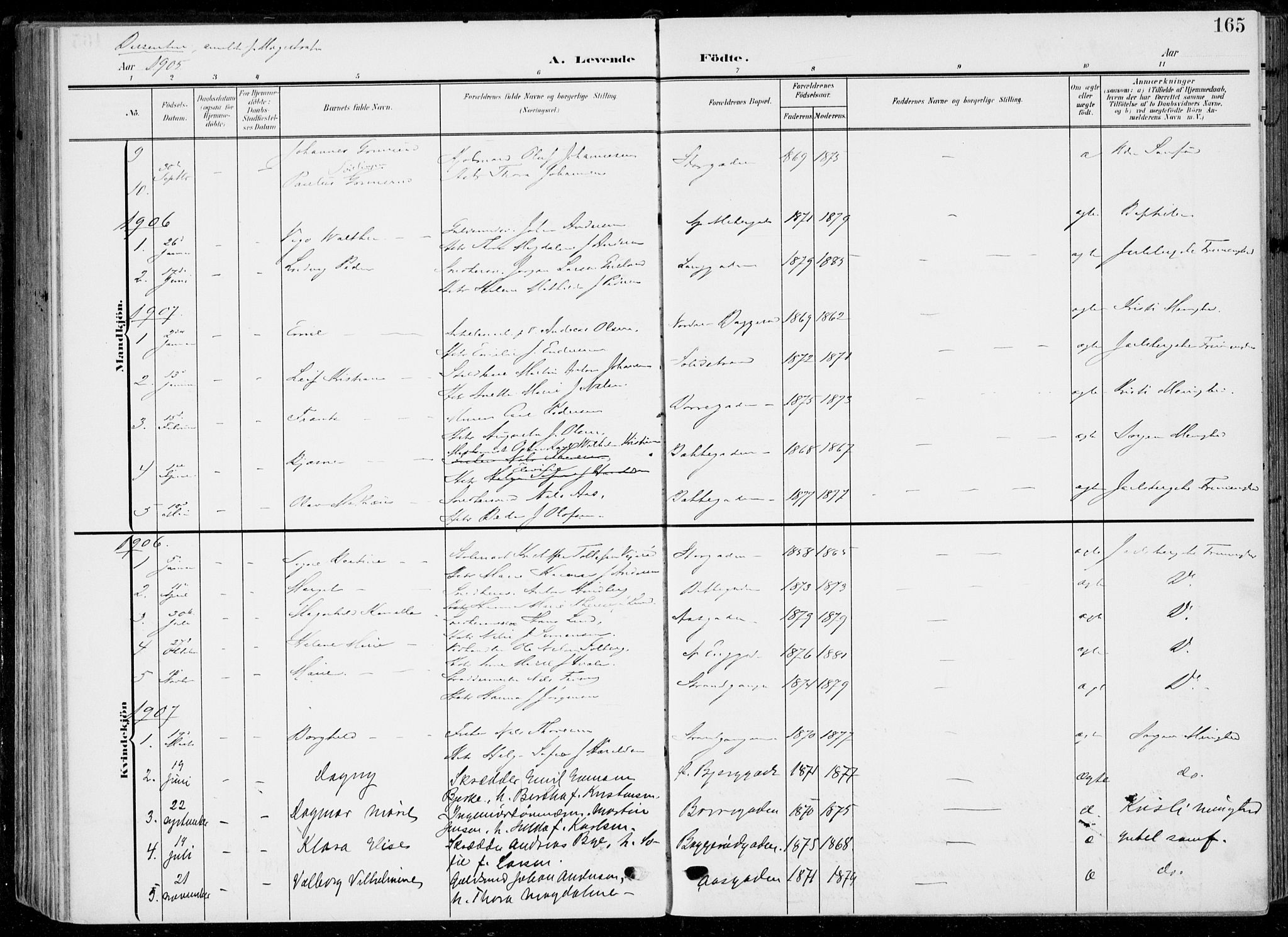 Horten kirkebøker, AV/SAKO-A-348/F/Fa/L0006: Ministerialbok nr. 6, 1905-1912, s. 165