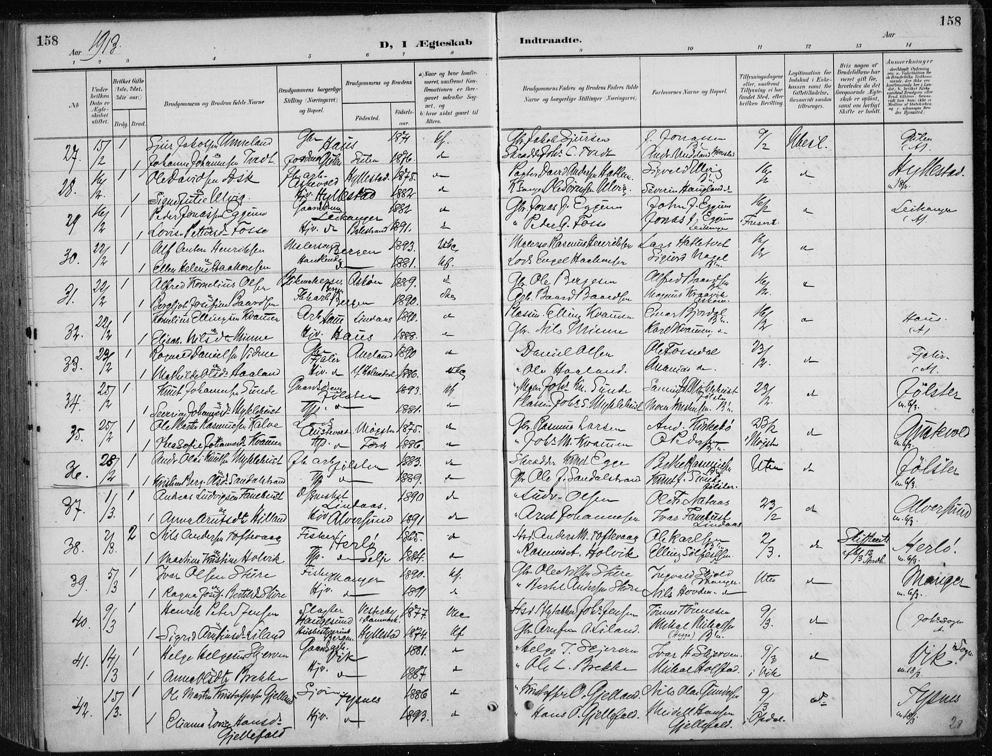 Nykirken Sokneprestembete, AV/SAB-A-77101/H/Haa/L0035: Ministerialbok nr. D 5, 1905-1913, s. 158