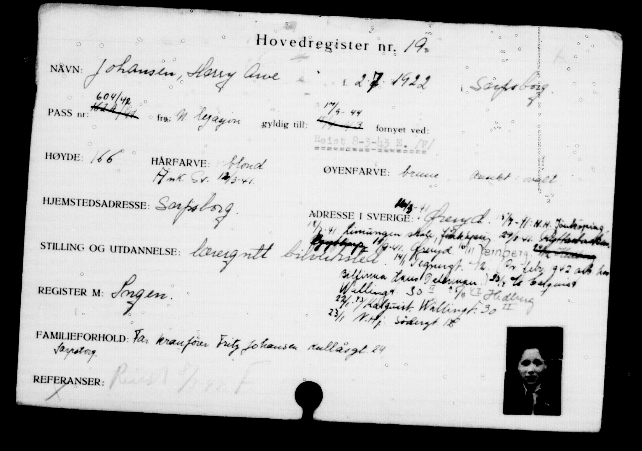 Utenriksstasjonene, Legasjonen i Stockholm, Flyktningkontoret, AV/RA-S-6753/V/Va/L0001: Kjesäterkartoteket, flyktninger med registreringsnr. 1-1000, 1940-1945, s. 29