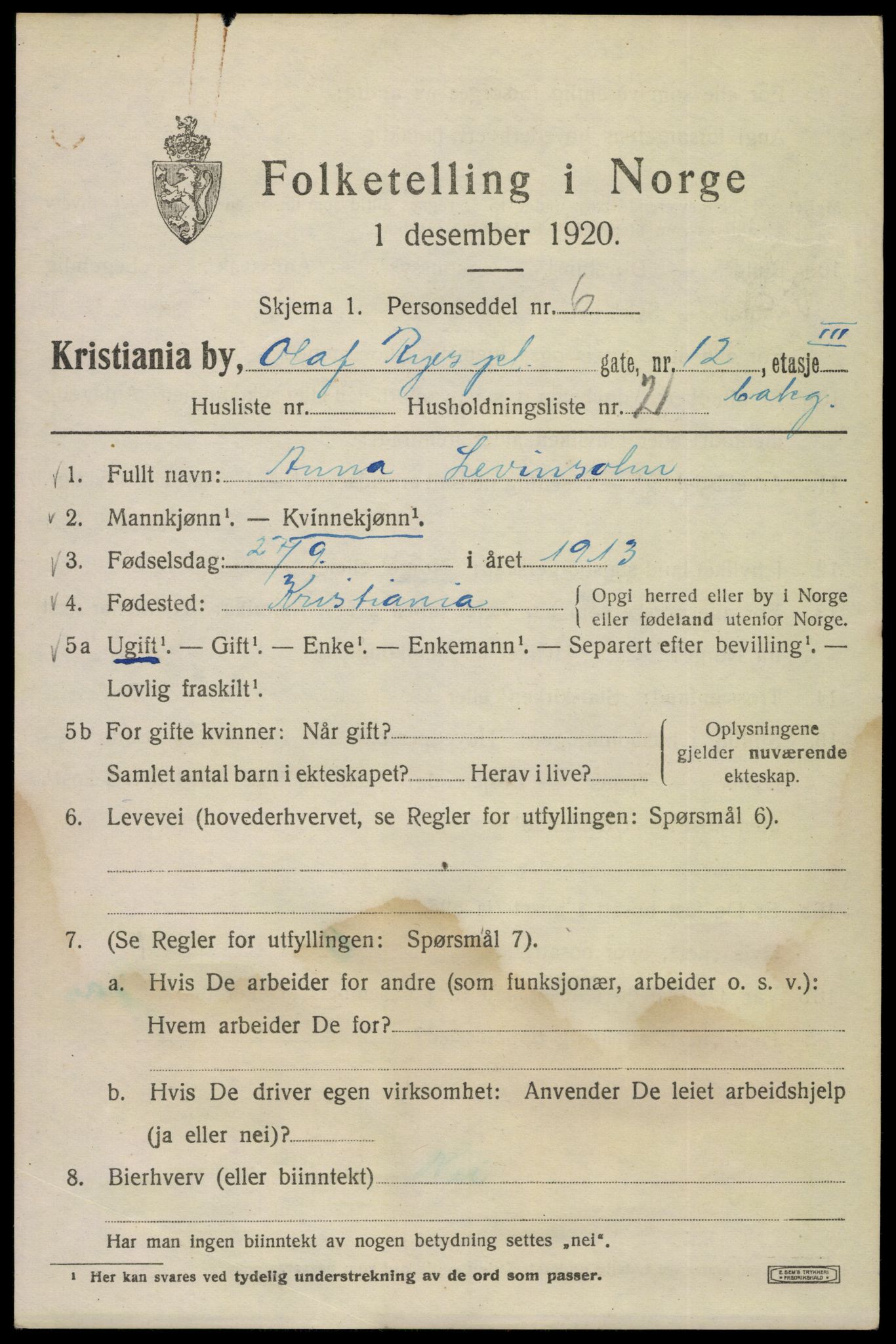 SAO, Folketelling 1920 for 0301 Kristiania kjøpstad, 1920, s. 432669