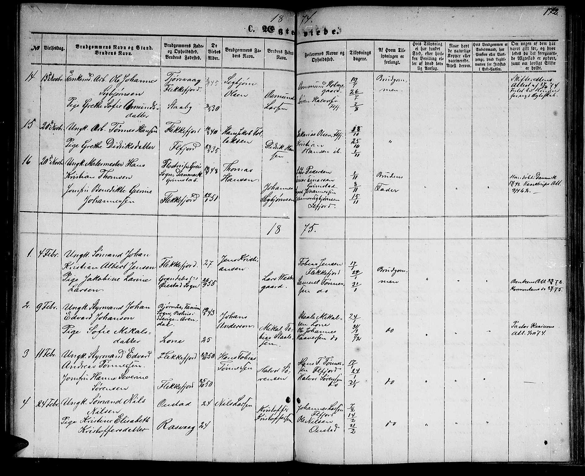 Flekkefjord sokneprestkontor, SAK/1111-0012/F/Fb/Fbc/L0006: Klokkerbok nr. B 6, 1866-1879, s. 172