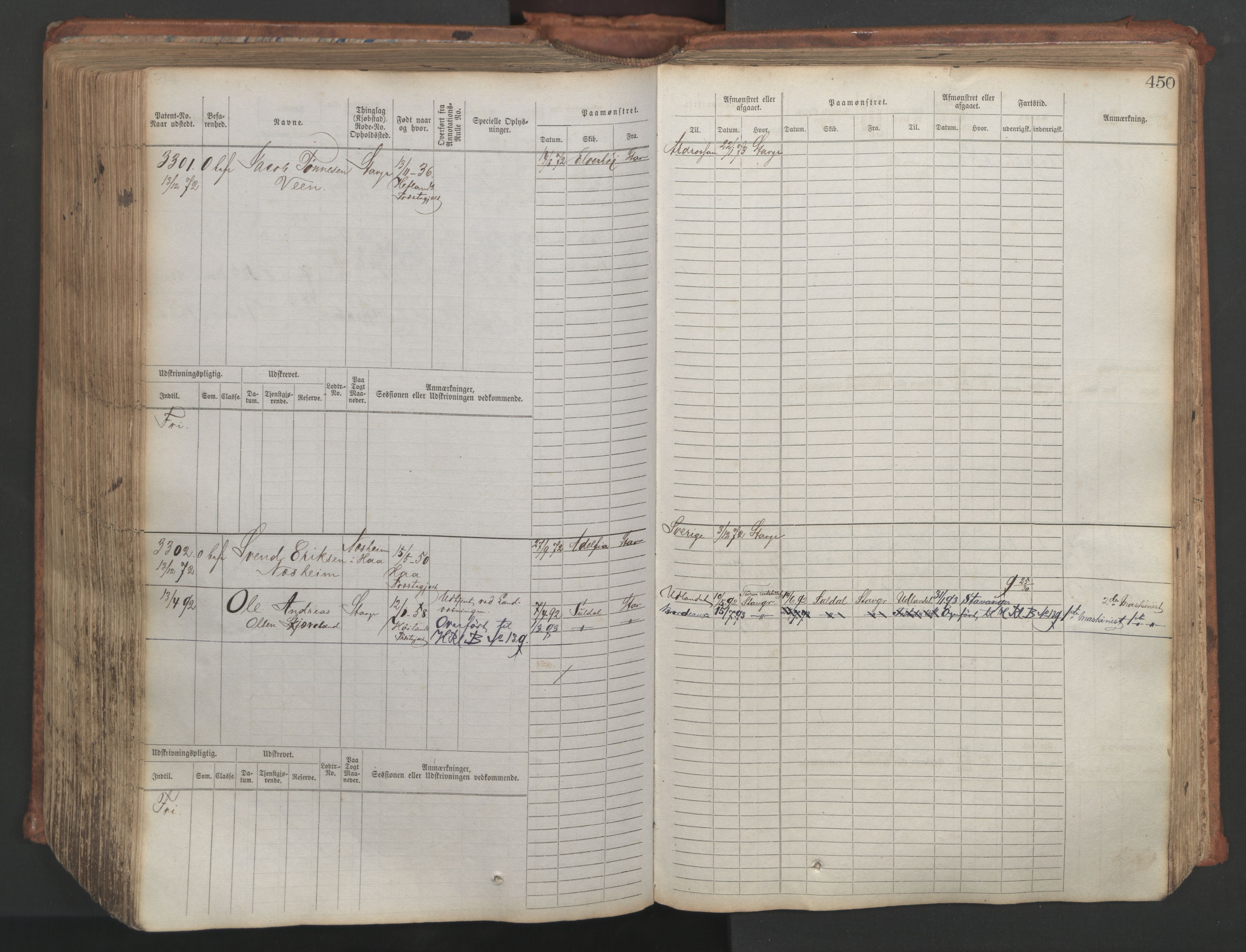 Stavanger sjømannskontor, AV/SAST-A-102006/F/Fb/Fbb/L0007: Sjøfartshovedrulle, patentnr. 2403-3604, 1869-1880, s. 501