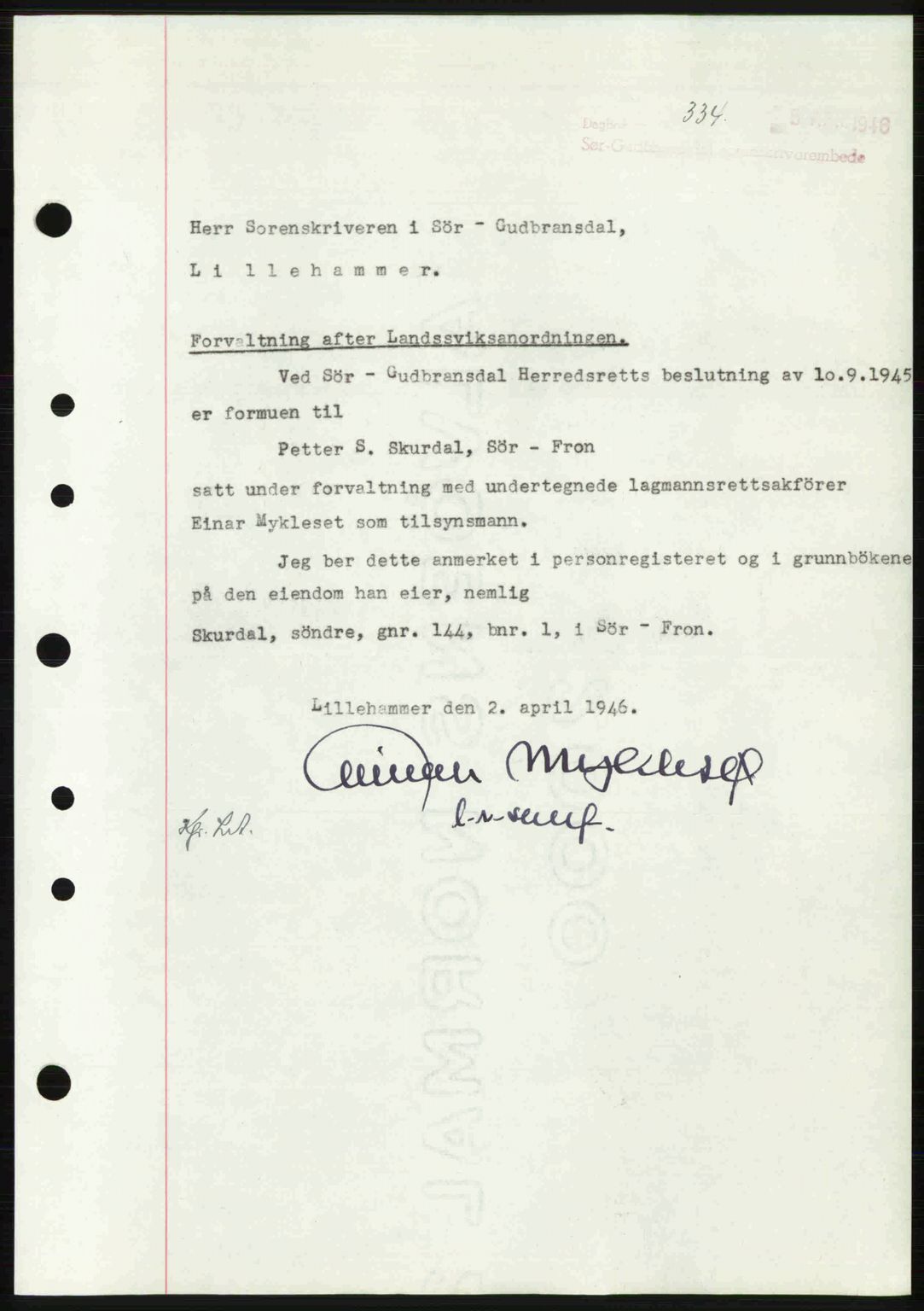 Sør-Gudbrandsdal tingrett, SAH/TING-004/H/Hb/Hbe/L0003: Pantebok nr. B3, 1943-1948, Dagboknr: 334/1946