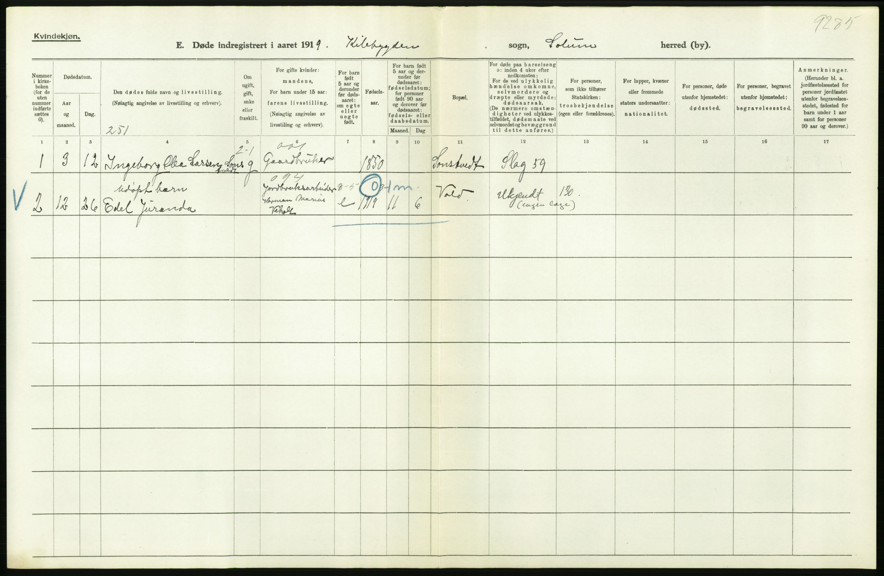 Statistisk sentralbyrå, Sosiodemografiske emner, Befolkning, RA/S-2228/D/Df/Dfb/Dfbi/L0023: Telemark fylke: Døde. Bygder og byer., 1919, s. 228