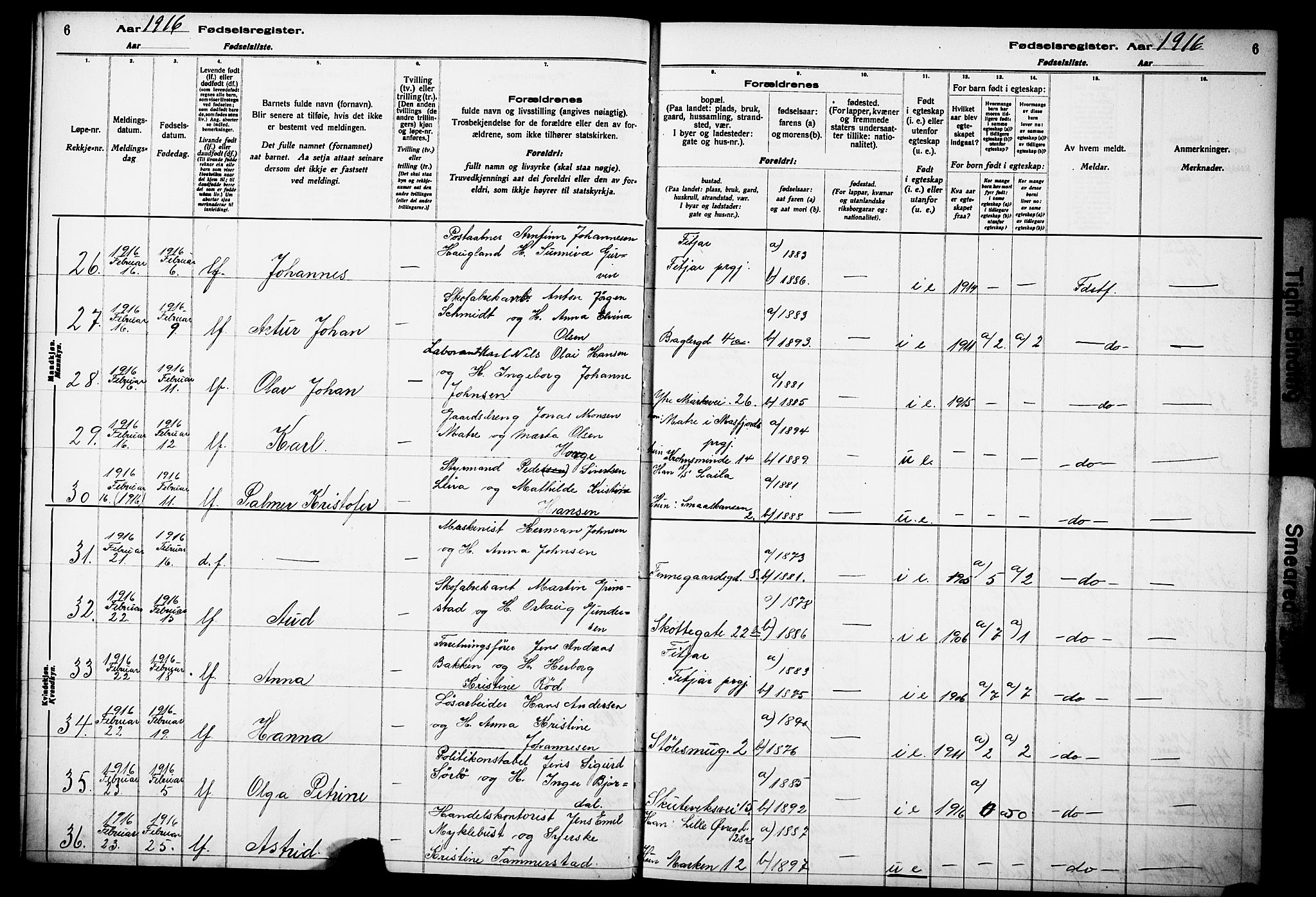 Kvinneklinikken, AV/SAB-A-76301/F/L0A01: Fødselsregister nr. A 1, 1916-1920, s. 6