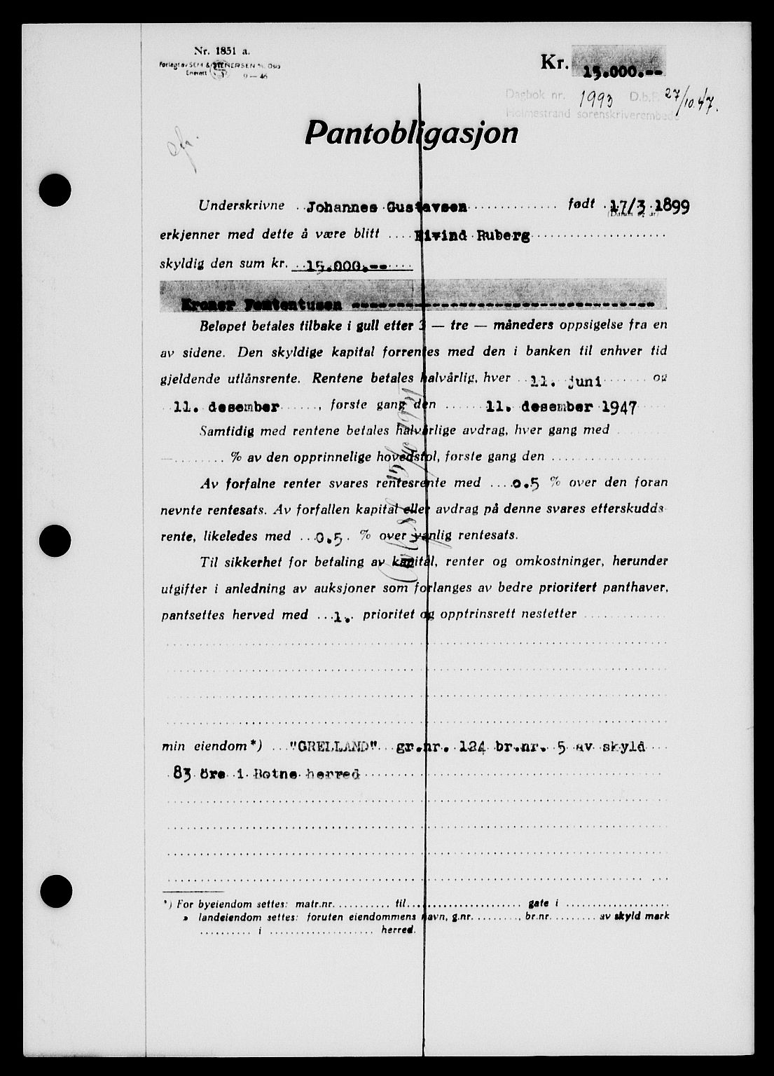 Holmestrand sorenskriveri, SAKO/A-67/G/Ga/Gab/L0058: Pantebok nr. B-58, 1947-1948, Dagboknr: 1993/1947