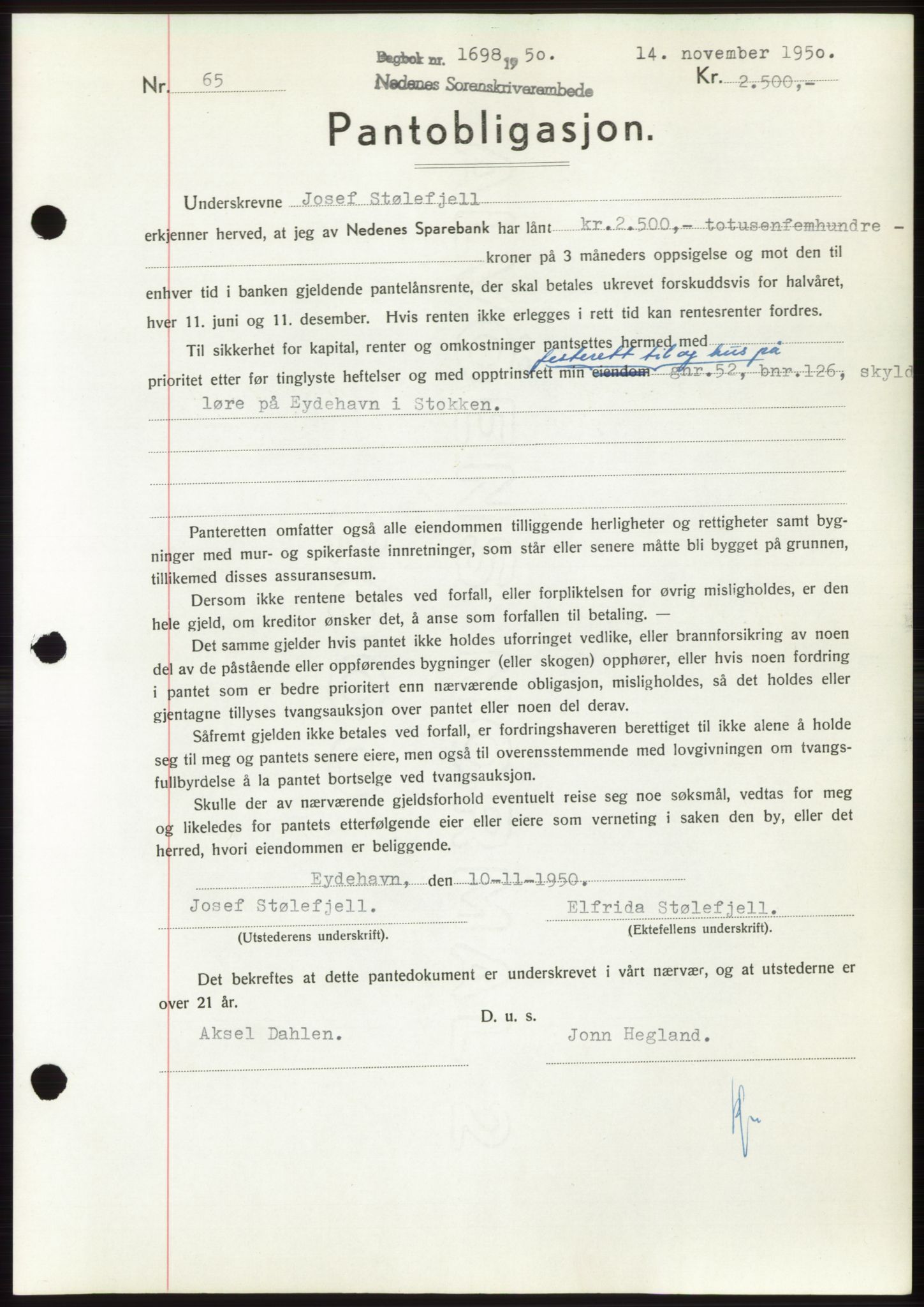 Nedenes sorenskriveri, SAK/1221-0006/G/Gb/Gbb/L0008: Pantebok nr. B8, 1950-1950, Dagboknr: 1698/1950