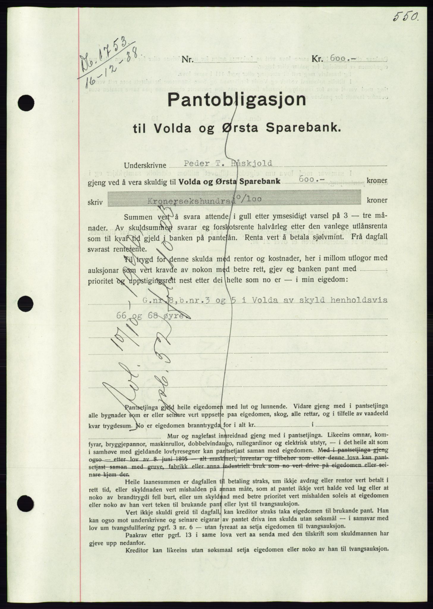 Søre Sunnmøre sorenskriveri, AV/SAT-A-4122/1/2/2C/L0066: Pantebok nr. 60, 1938-1938, Dagboknr: 1753/1938