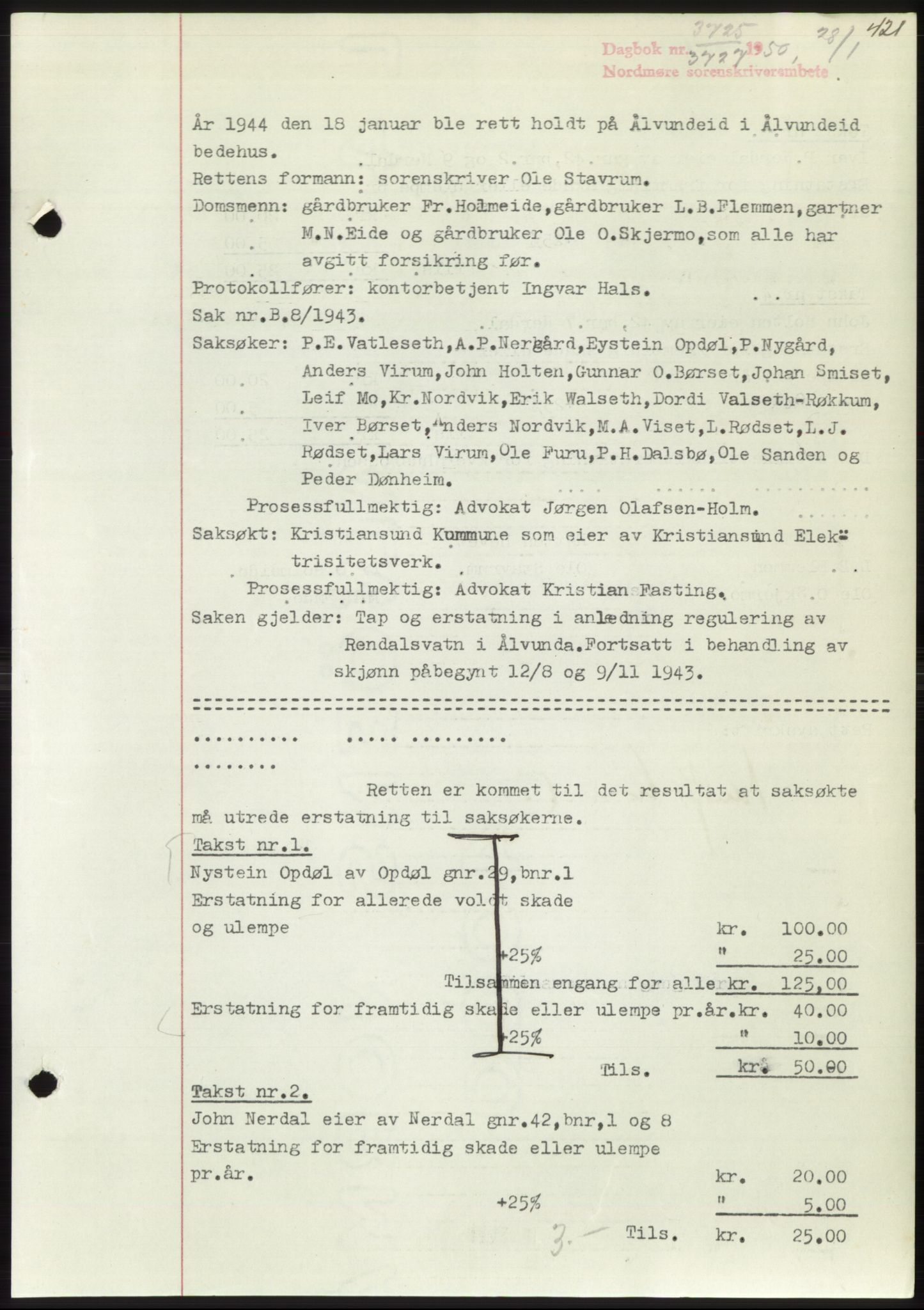 Nordmøre sorenskriveri, SAT/A-4132/1/2/2Ca: Pantebok nr. B106, 1950-1950, Dagboknr: 3725/1950