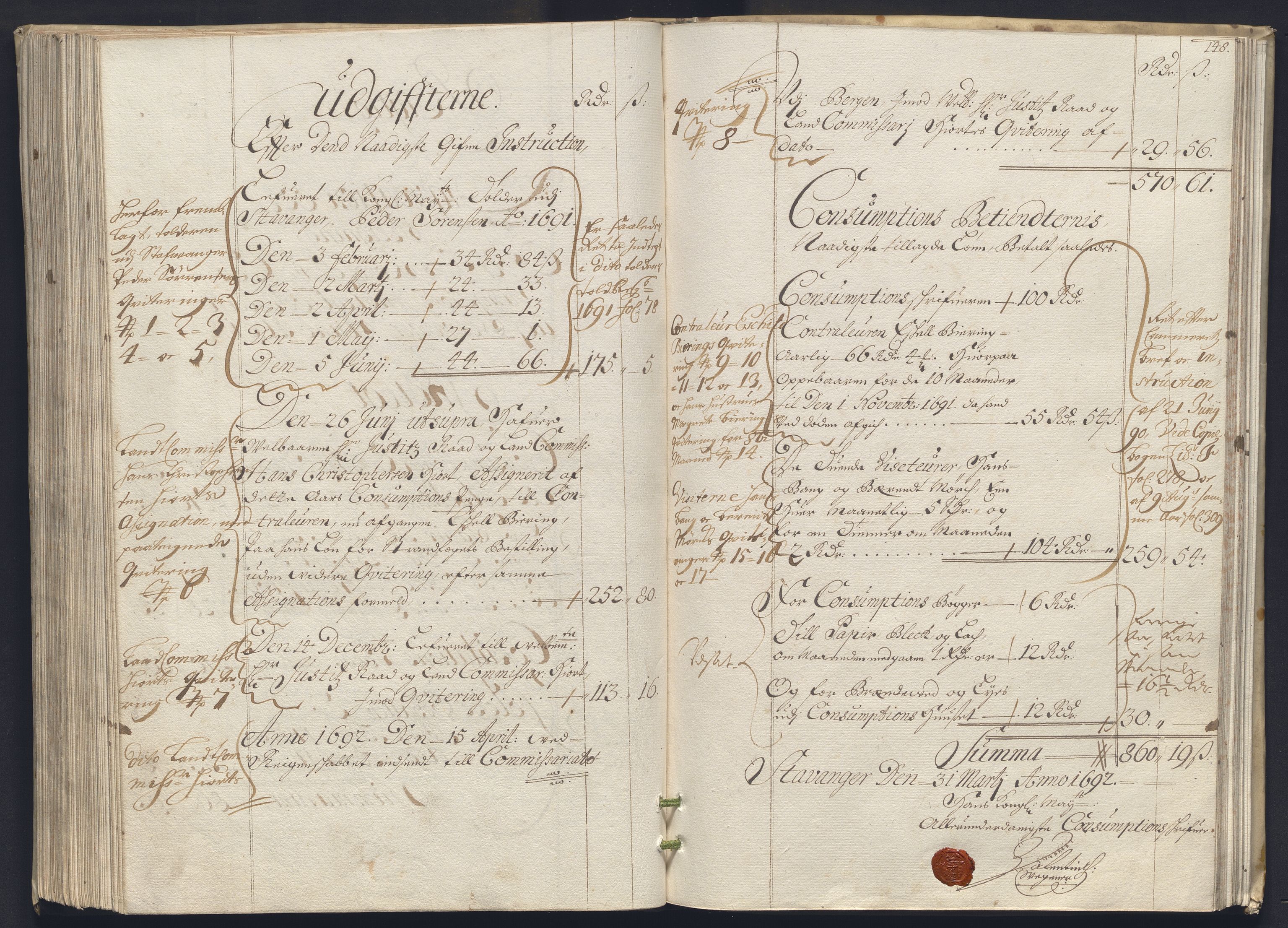 Rentekammeret inntil 1814, Reviderte regnskaper, Byregnskaper, RA/EA-4066/R/Ro/L0333: [O25] Konsumpsjonsregnskap, 1690-1704, s. 438