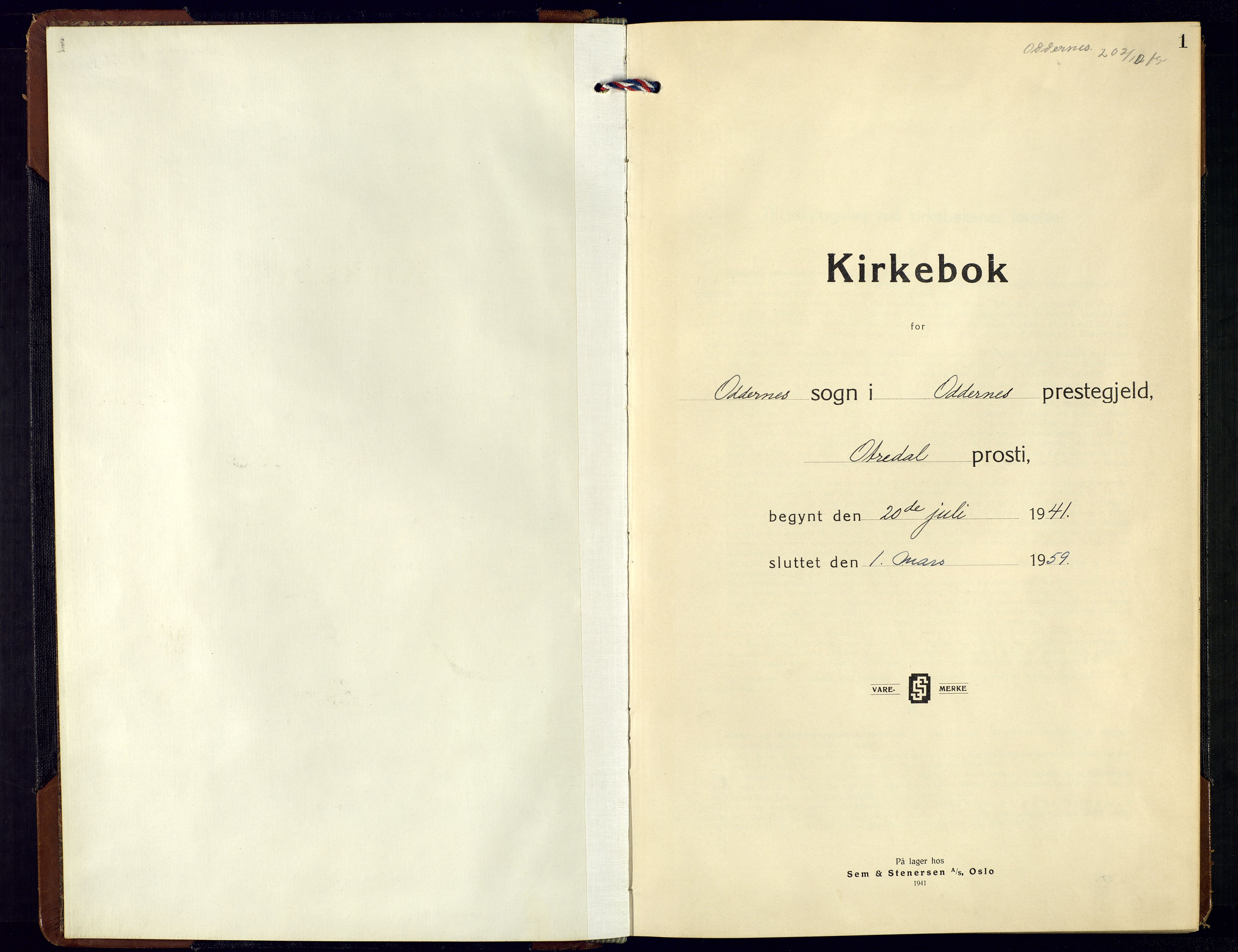 Oddernes sokneprestkontor, SAK/1111-0033/F/Fb/Fba/L0012: Klokkerbok nr. B-12, 1941-1959, s. 1