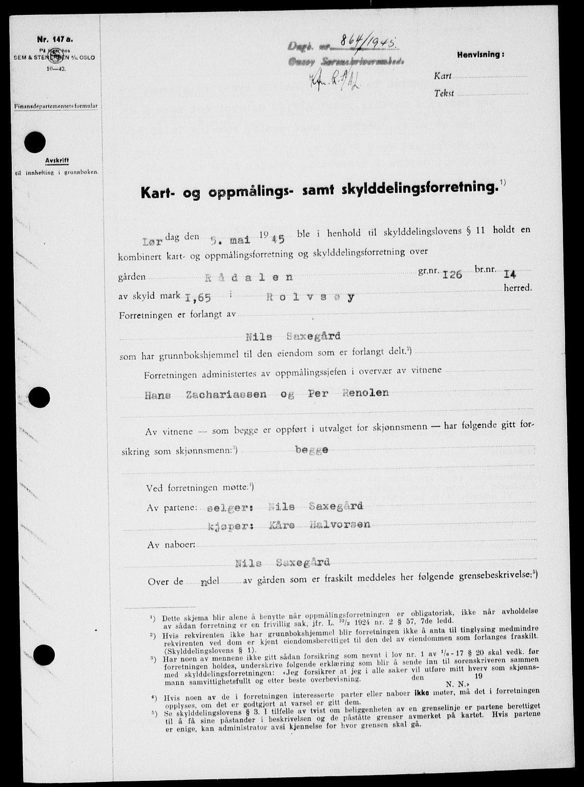 Onsøy sorenskriveri, SAO/A-10474/G/Ga/Gab/L0014: Pantebok nr. II A-14, 1944-1945, Dagboknr: 864/1945