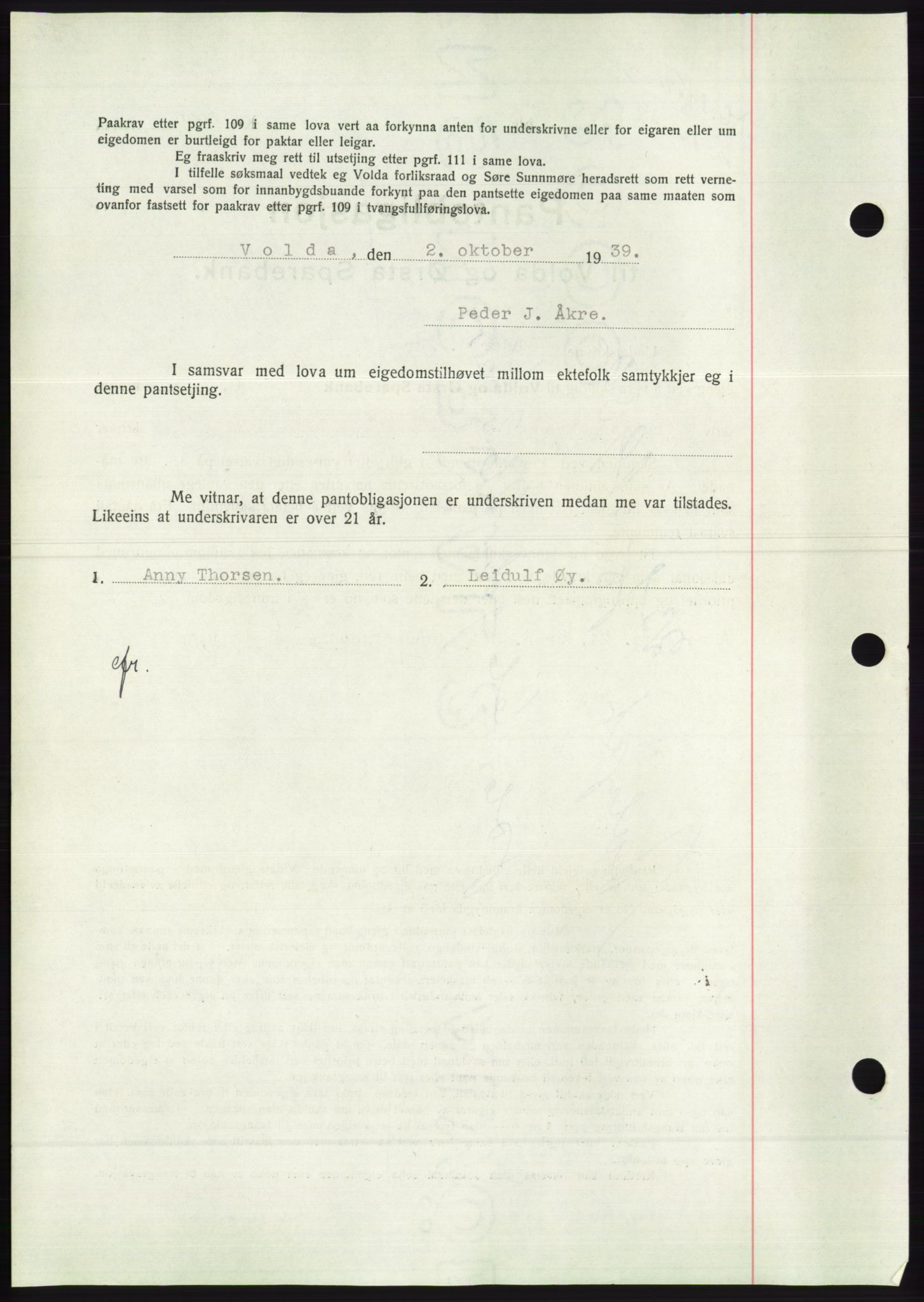 Søre Sunnmøre sorenskriveri, AV/SAT-A-4122/1/2/2C/L0068: Pantebok nr. 62, 1939-1939, Dagboknr: 1452/1939