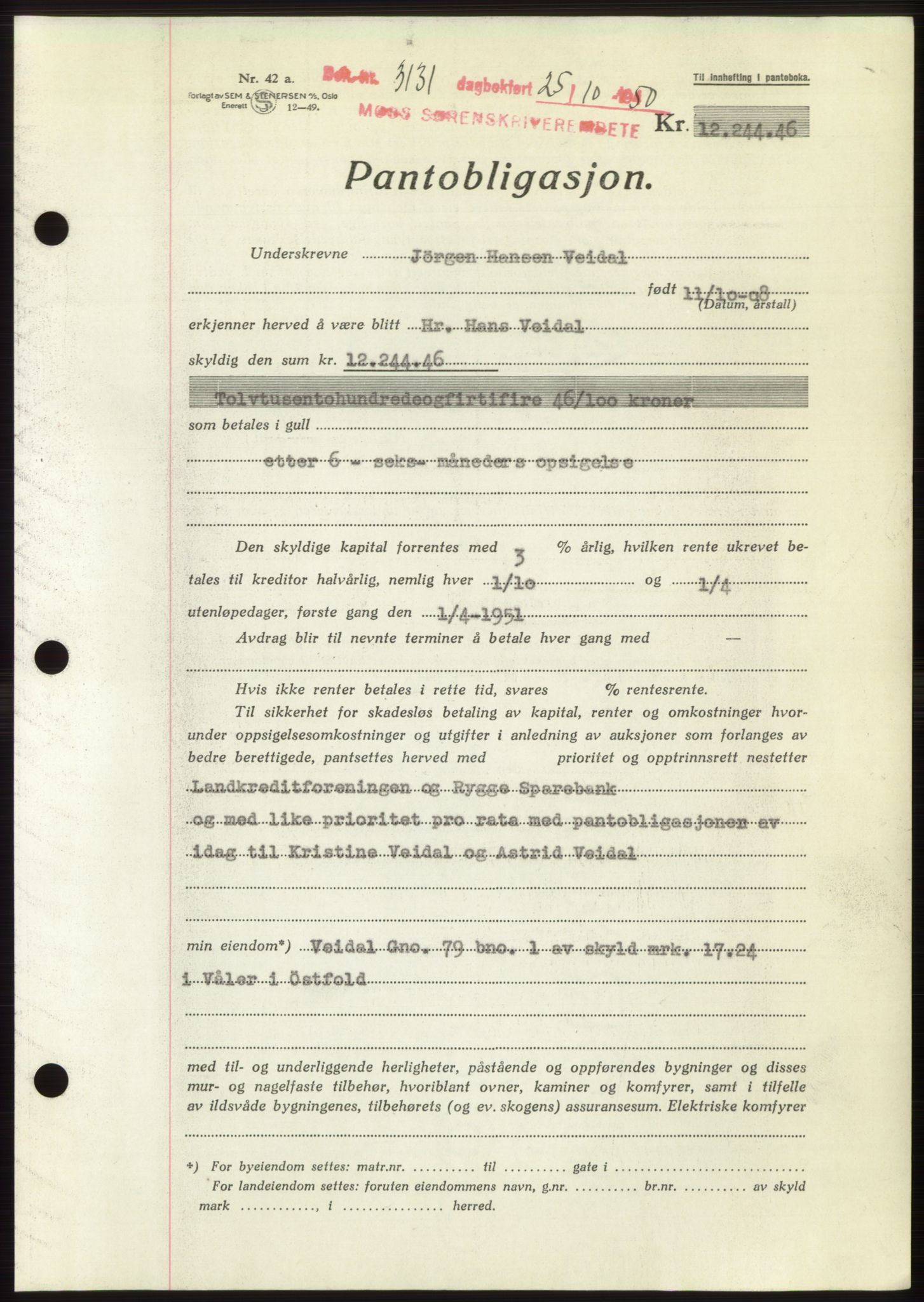 Moss sorenskriveri, SAO/A-10168: Pantebok nr. B25, 1950-1950, Dagboknr: 3131/1950