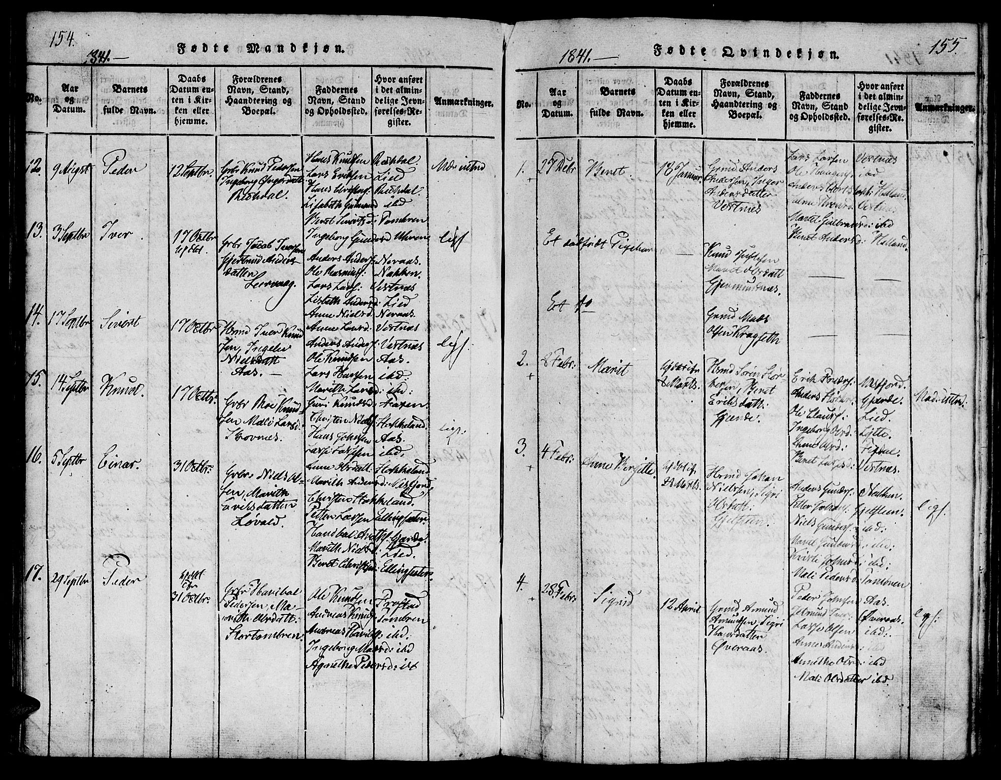 Ministerialprotokoller, klokkerbøker og fødselsregistre - Møre og Romsdal, AV/SAT-A-1454/539/L0528: Ministerialbok nr. 539A01, 1818-1847, s. 154-155