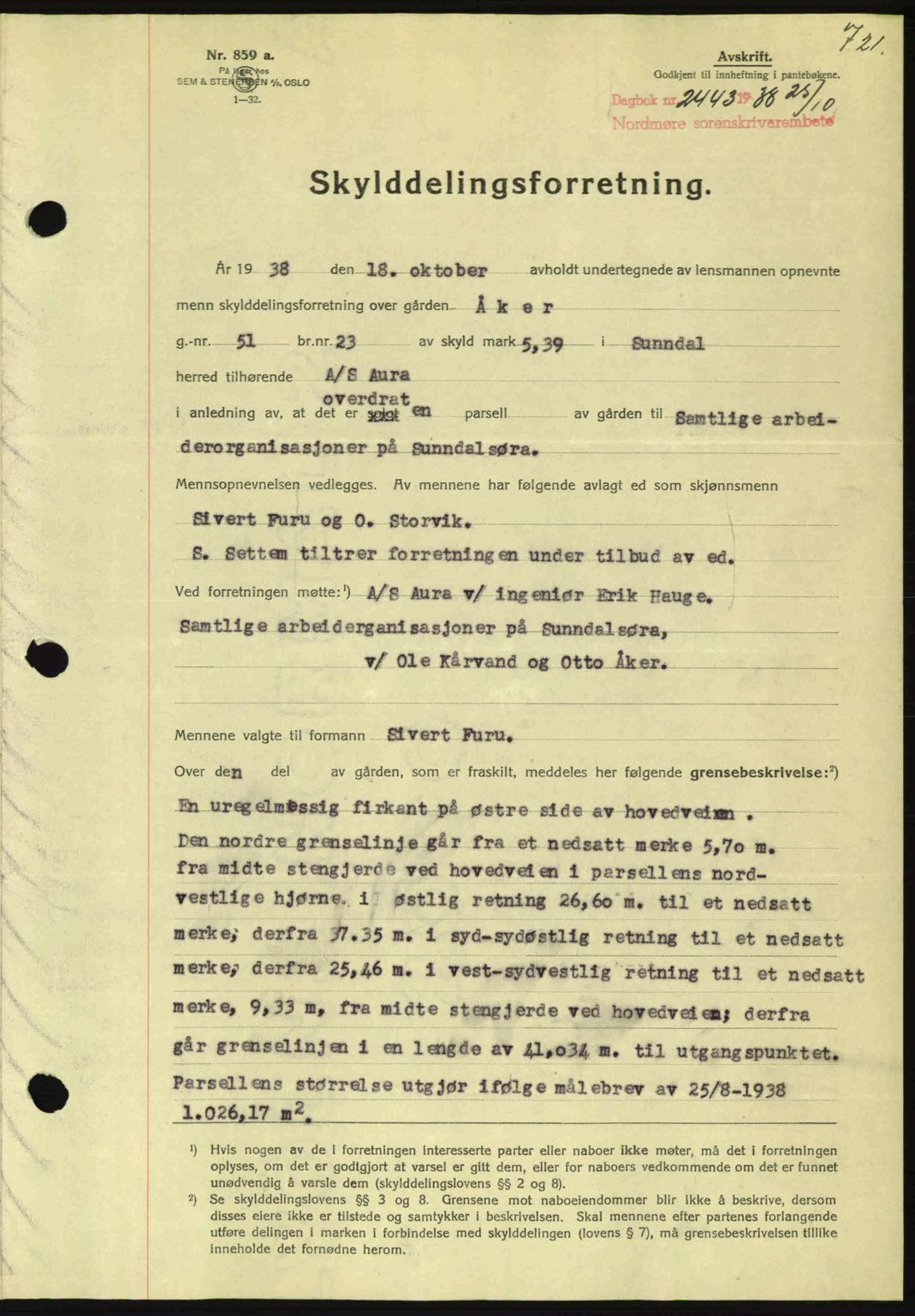 Nordmøre sorenskriveri, SAT/A-4132/1/2/2Ca: Pantebok nr. A84, 1938-1938, Dagboknr: 2443/1938