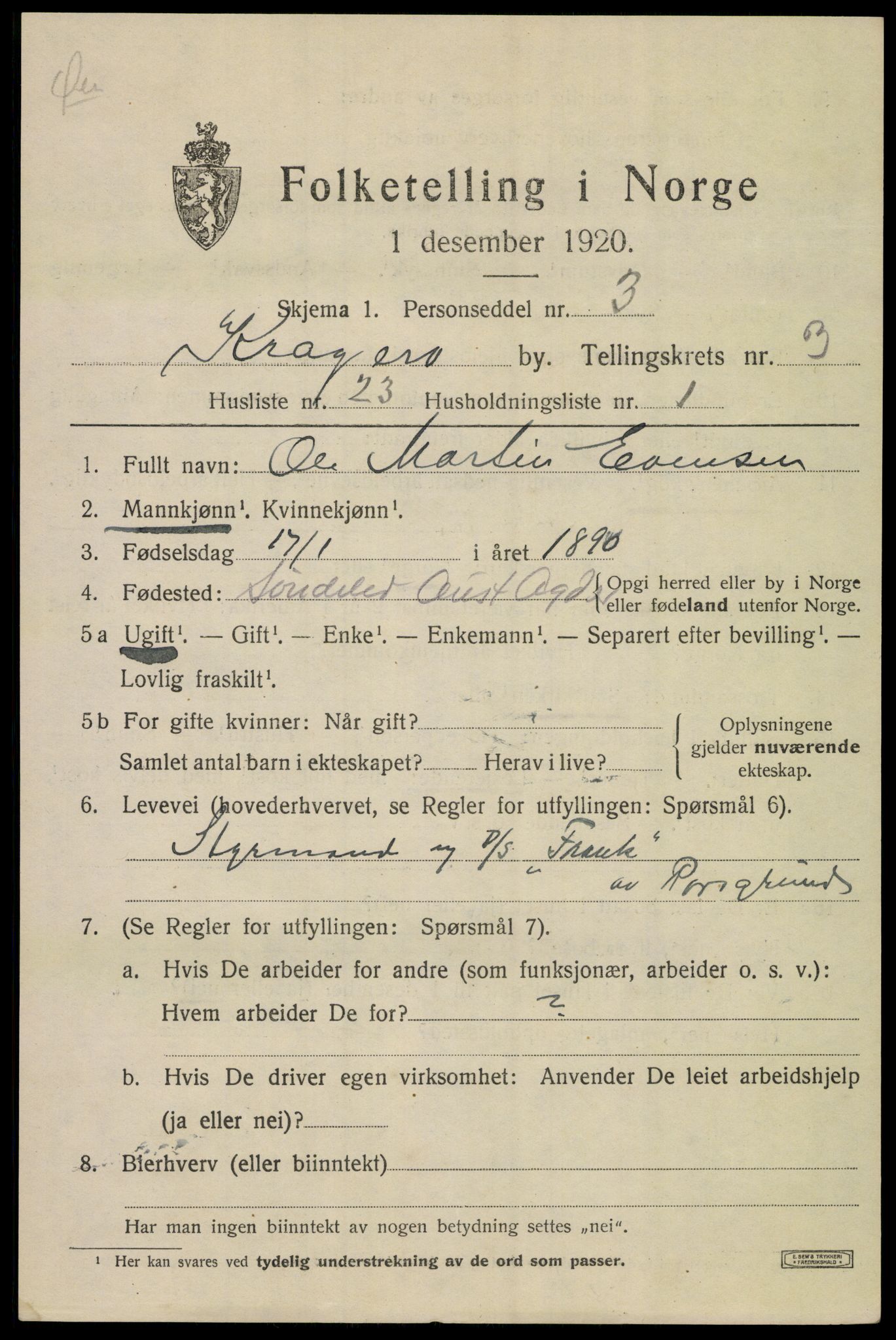 SAKO, Folketelling 1920 for 0801 Kragerø kjøpstad, 1920, s. 7319