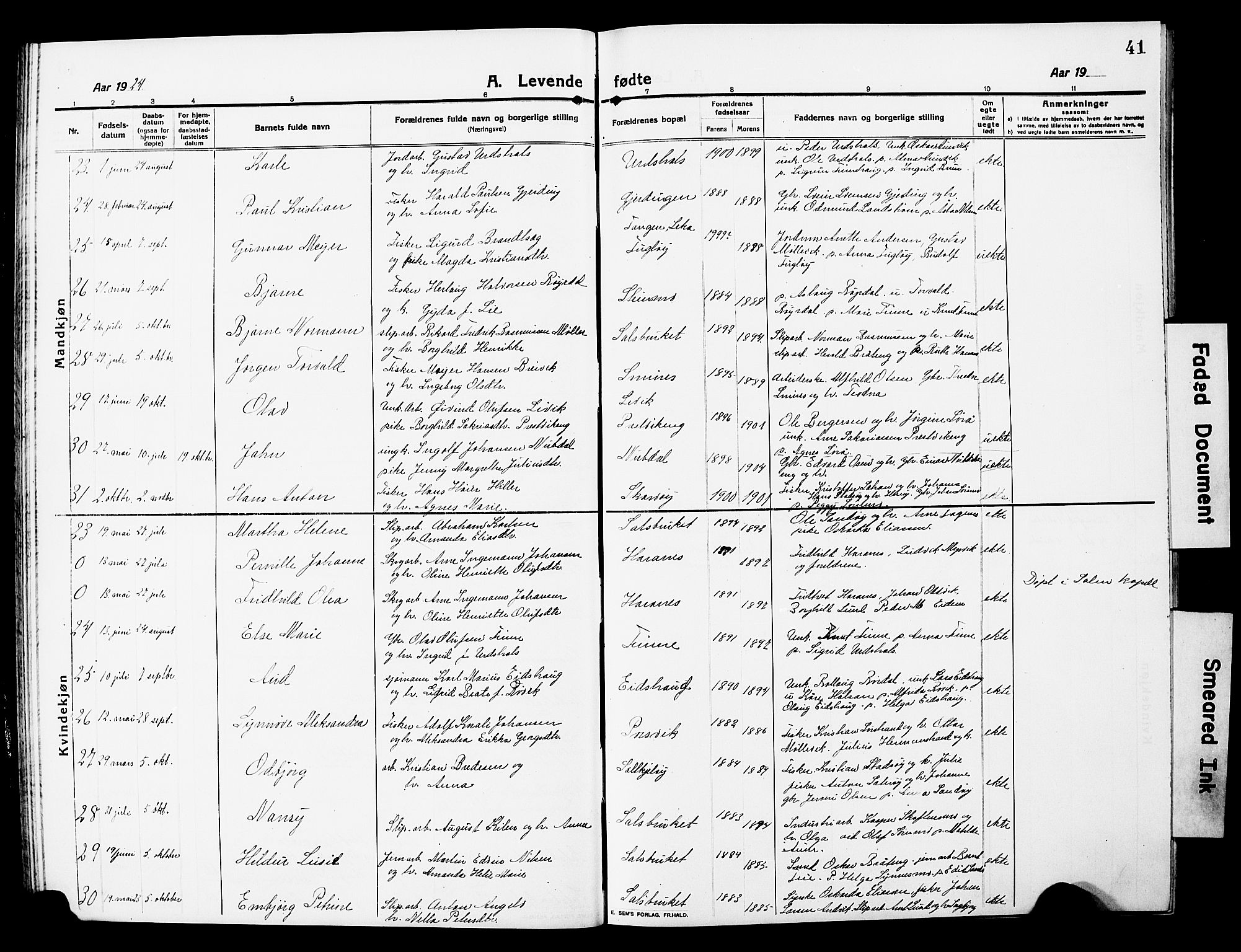 Ministerialprotokoller, klokkerbøker og fødselsregistre - Nord-Trøndelag, SAT/A-1458/780/L0653: Klokkerbok nr. 780C05, 1911-1927, s. 41