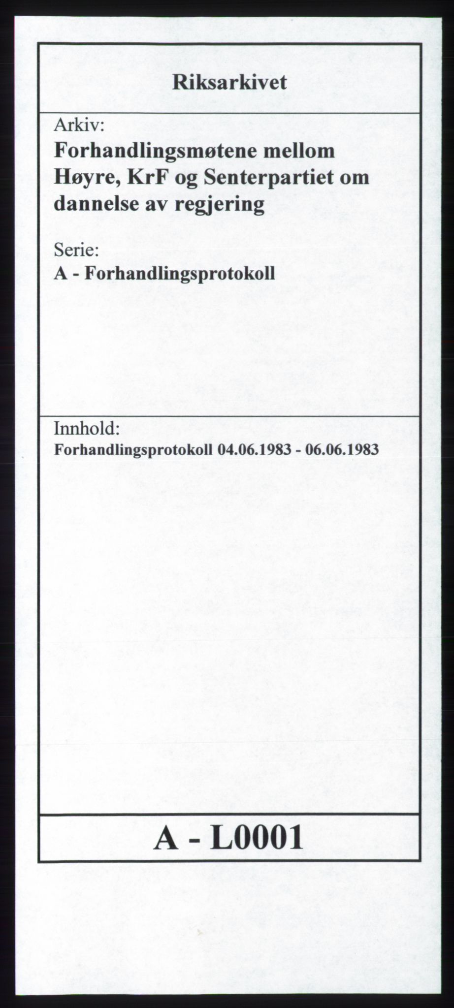 Forhandlingsmøtene 1983 mellom Høyre, KrF og Senterpartiet om dannelse av regjering, RA/PA-0696/A/L0001: Forhandlingsprotokoll, 1983, s. 1