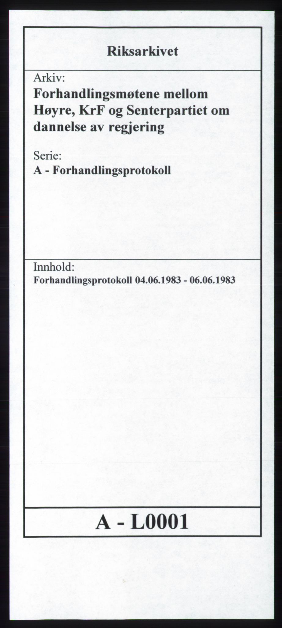 Forhandlingsmøtene 1983 mellom Høyre, KrF og Senterpartiet om dannelse av regjering, AV/RA-PA-0696/A/L0001: Forhandlingsprotokoll, 1983, s. 1