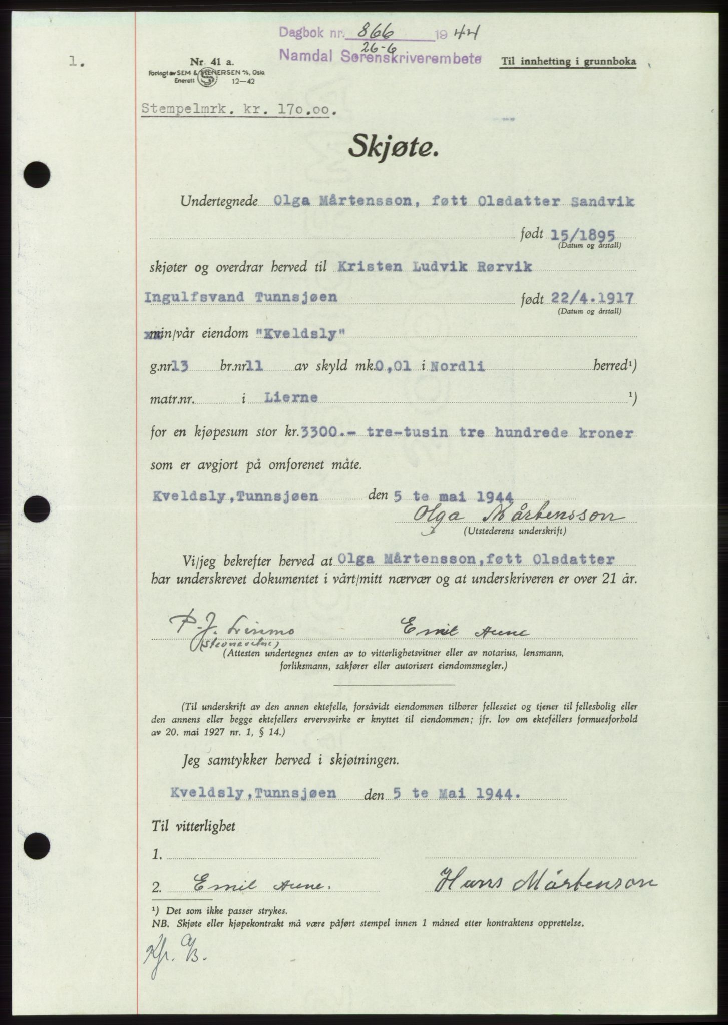 Namdal sorenskriveri, SAT/A-4133/1/2/2C: Pantebok nr. -, 1944-1945, Dagboknr: 866/1944