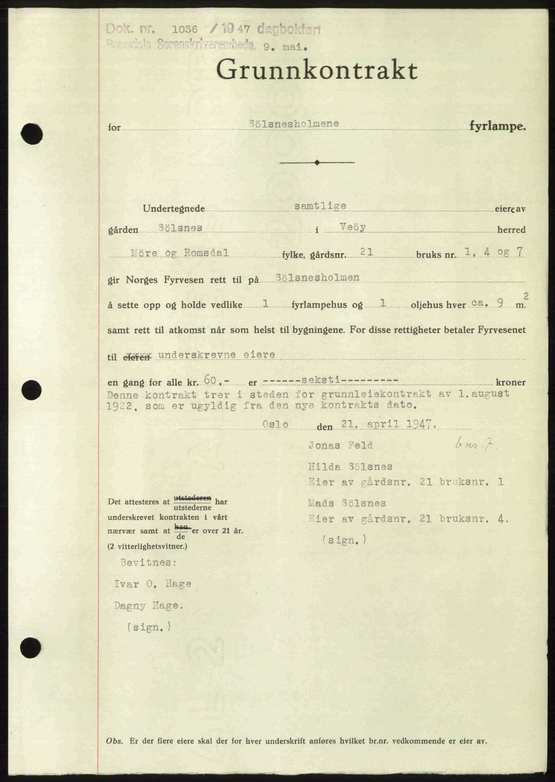 Romsdal sorenskriveri, AV/SAT-A-4149/1/2/2C: Pantebok nr. A23, 1947-1947, Dagboknr: 1036/1947